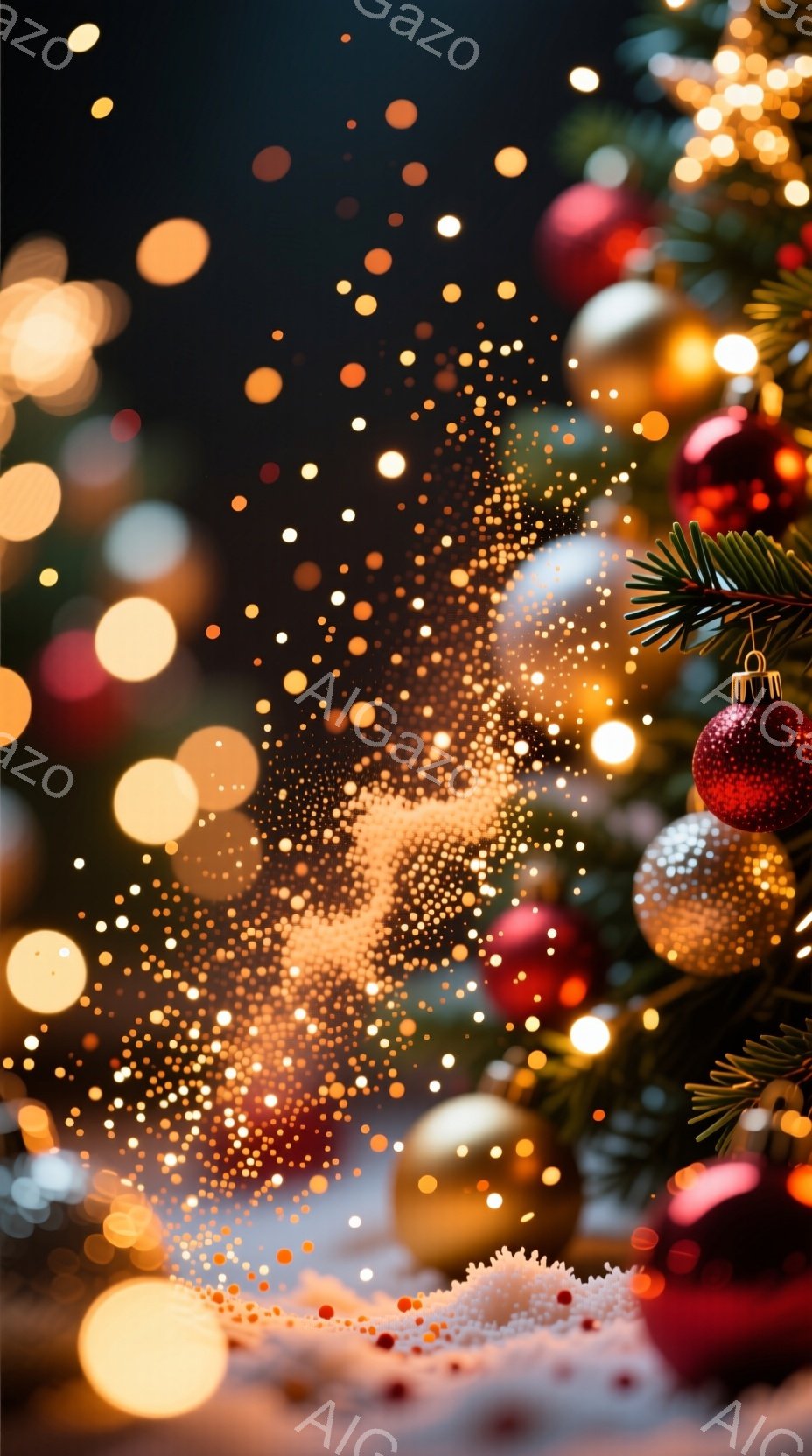 クリスマスツリーの装飾がぼやけて写っており、背景は暗く、キラキラと輝く光が舞い散っている様子が描かれている。赤いオーナメントや銀色のボールが視認でき、緑の葉がアクセントになっている。全体的に暖かく幻想的な雰囲気が漂い、ホリデーシーズンの喜びと興奮を表現している。
