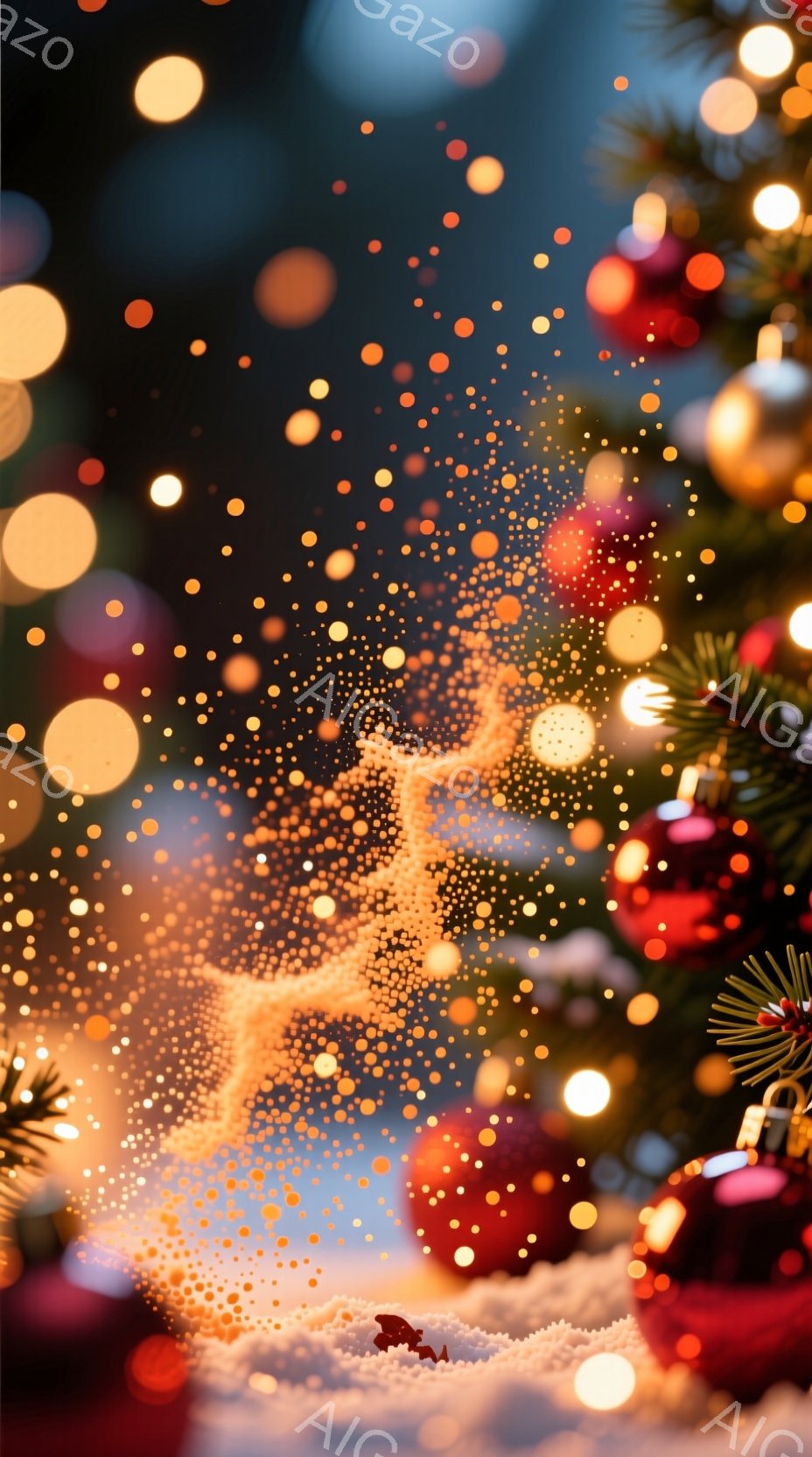 明るい光の粒子で構成されたトナカイのシルエットが、ぼやけたクリスマスツリーの背景に浮かび上がっています。背景には赤いオーナメントや緑の葉が散りばめられ、暖かく幻想的な雰囲気を醸し出しています。光の粒子が雪のように舞い、冬の祝祭の喜びと希望を感じさせます。