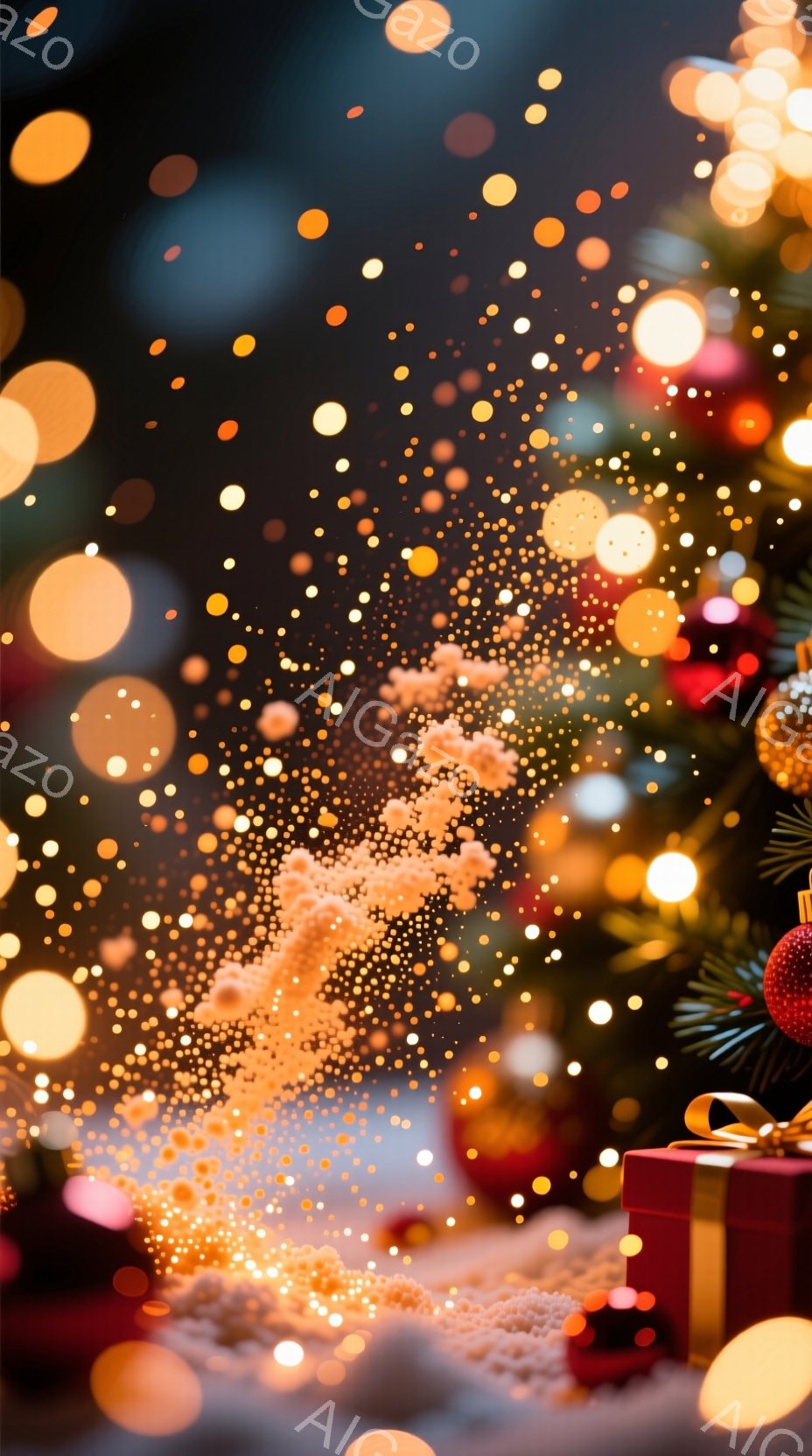 ぼやけた背景には、キラキラと輝くクリスマスツリーとプレゼント箱が写っています。無数の光の粒子が舞い上がり、幻想的な雰囲気を醸し出しています。暖色系の照明が全体を包み込み、温かくロマンチックな冬の夜を連想させます。