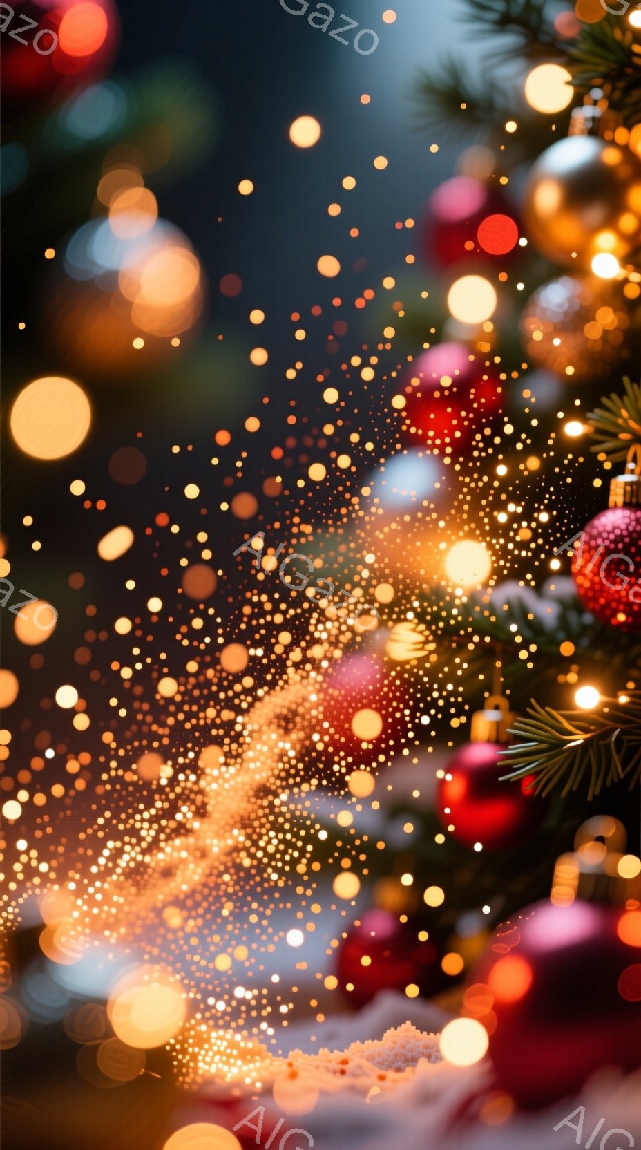 輝く光の粒子が舞い散る、クリスマスの背景画像です。赤いオーナメントと緑の葉がぼんやりと見え、暖かく幻想的な雰囲気を醸し出しています。焦点がぼやけているため、全体的に夢のような、または魔法のような印象を与えます。