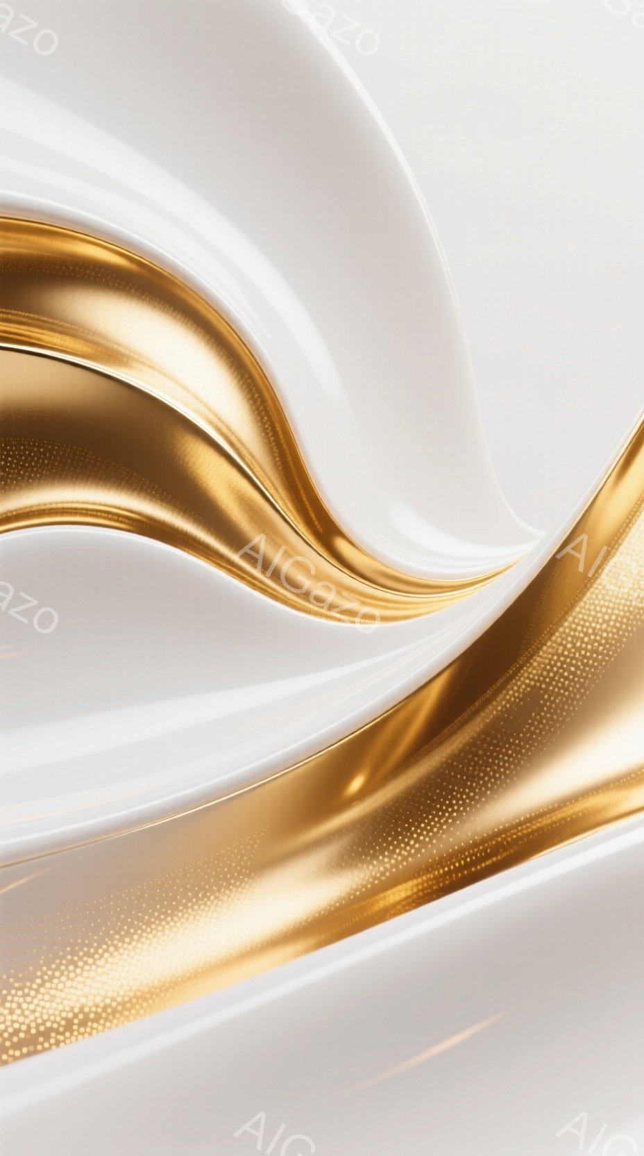 滑らかな白い布と金色の模様が重なり合い、流れるような曲線を描いています。光沢のある質感と陰影が、まるで液体金属のような印象を与えます。背景は均一な白で、布の曲線が際立っており、優雅で洗練された雰囲気を醸し出しています。