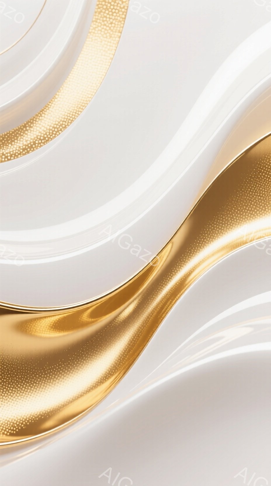 滑らかな白い布と золотой 色の帯が流れるように重なり合っている画像です。 золотои 色の帯は、細かいドット模様が特徴的で、光沢があり、光を反射しています。 全体的に優雅で洗練された雰囲気で、高級感と現代的な美しさを感じさせます。