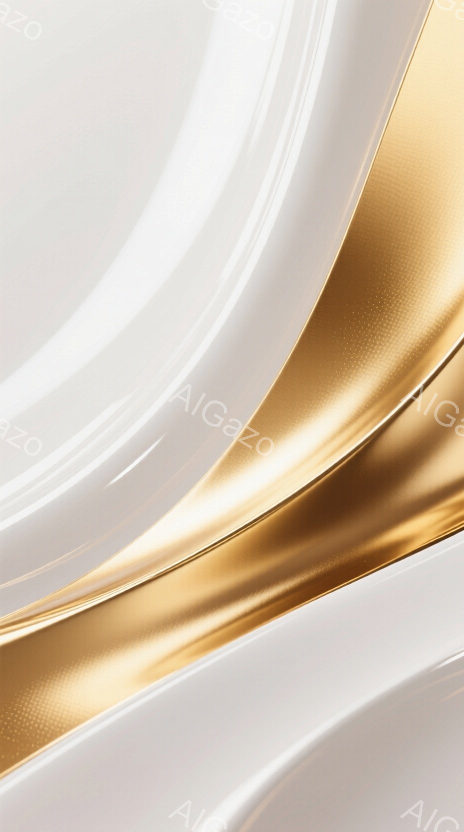 滑らかな曲線が重なり合う抽象的なイメージです。白と金色のグラデーションが、流れるような光沢感を生み出しています。背景は単色で、曲線が際立つように設計されており、優雅で洗練された雰囲気を醸し出しています。