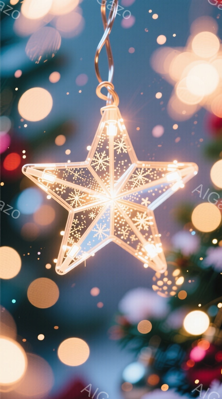 光り輝く星形のオーナメントが、ぼやけた背景のクリスマスツリーの緑と、様々な色のぼやけた光の玉の中に浮かび上がっている。星形は半透明で、内部には細かい模様が施され、まるで雪の結晶のようにも見える。全体的に暖かく幻想的な雰囲気で、クリスマスや冬の祝祭を連想させる。