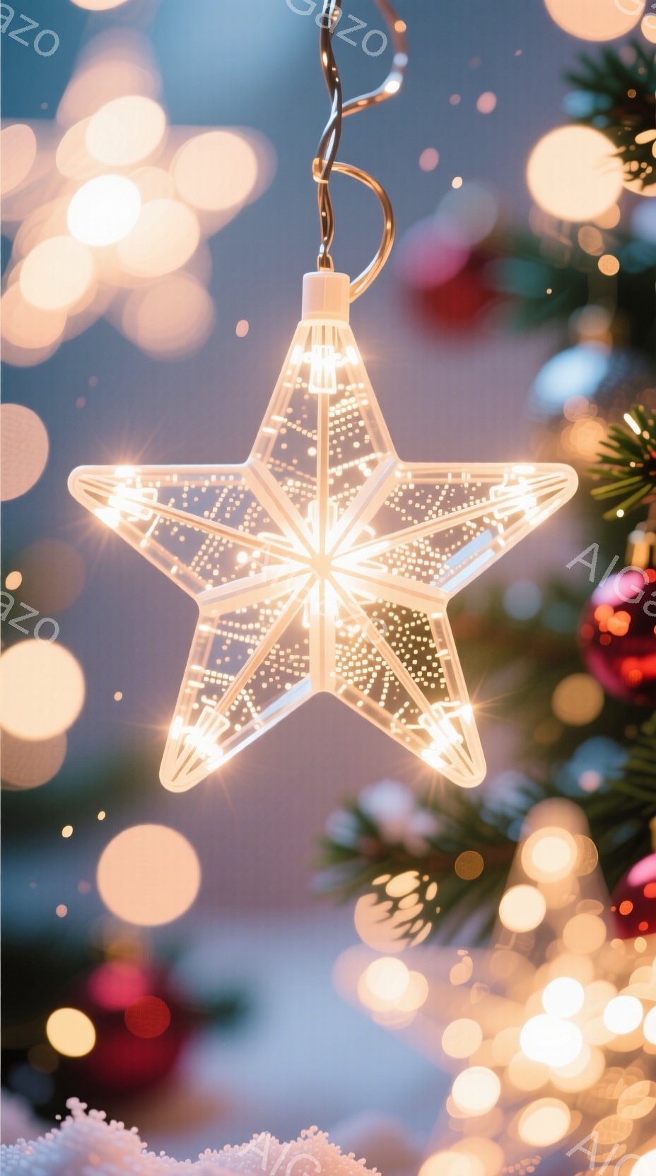 明るい光を放つ星形のイルミネーションが、クリスマスの飾り付けの中で際立っている。背景には緑の葉とぼんやりとした光のぼかしがあり、暖かく幻想的な雰囲気を醸し出している。全体的にホリデーシーズンらしい、きらびやかで優しい光のイメージが感じられる。