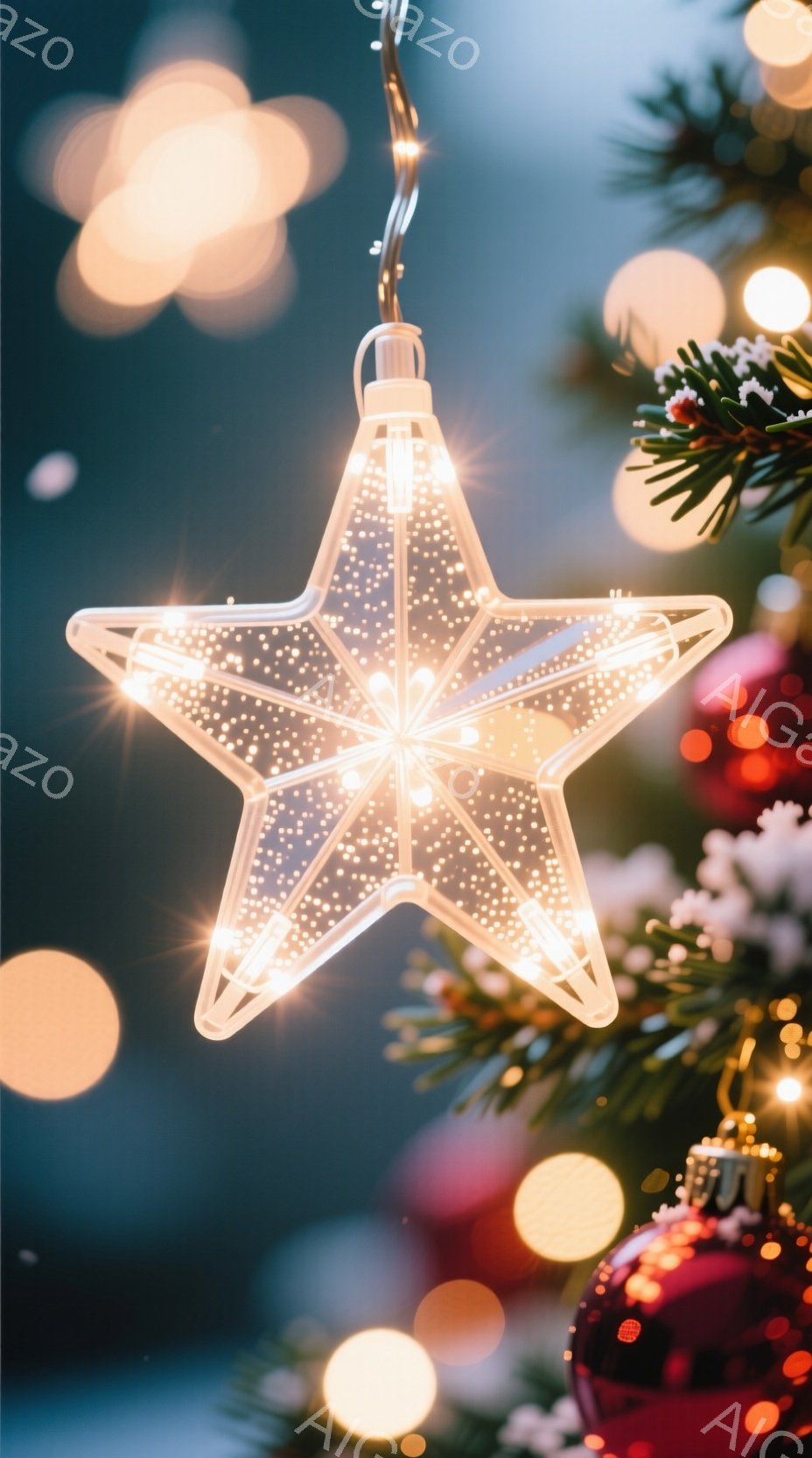 画像はクリスマスの装飾が施された背景の中で、光り輝く星形のイルミネーションが中心に描かれています。イルミネーションは半透明の素材でできており、内部に小さな光が散りばめられて、幻想的な雰囲気を醸し出しています。背景には、緑の葉や赤いオーナメントが見え、ぼんやりとした光のぼかしが、温かくお祝いのムードを演出しています。