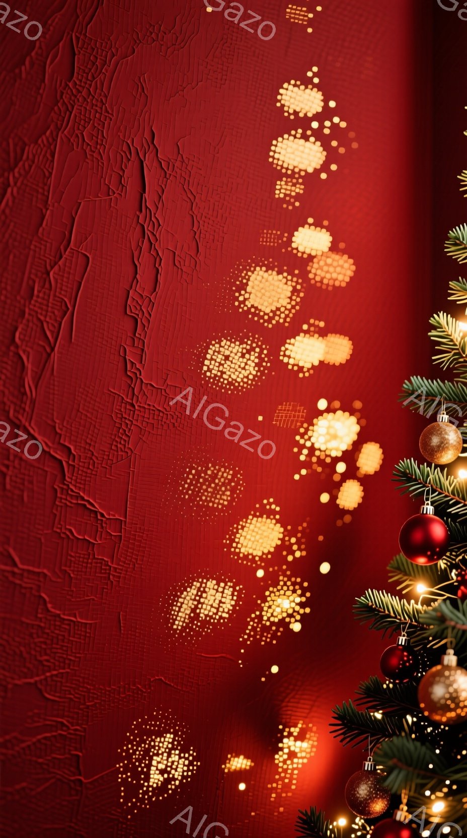 深い赤色のテクスチャード背景に、金色の光の粒子が散りばめられた抽象的なイメージです。右側には、クリスマスツリーの緑の枝と赤いオーナメント、温かい光が輝き、季節の喜びと暖かさを感じさせます。全体的に、華やかで神秘的な雰囲気を醸し出しています。