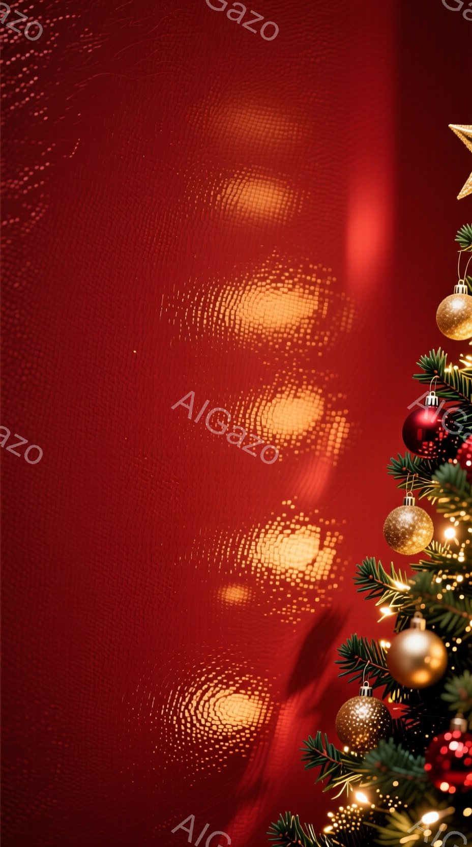 深紅色の背景に、右側に緑色のクリスマスツリーの枝が配置され、金色のオーナメントが飾られています。背景には、暖色の光が点在し、まるで光の渦が壁に投影されているかのような幻想的な雰囲気を醸し出しています。全体的に、ホリデーシーズンを象徴する暖かく華やかなムードが感じられます。