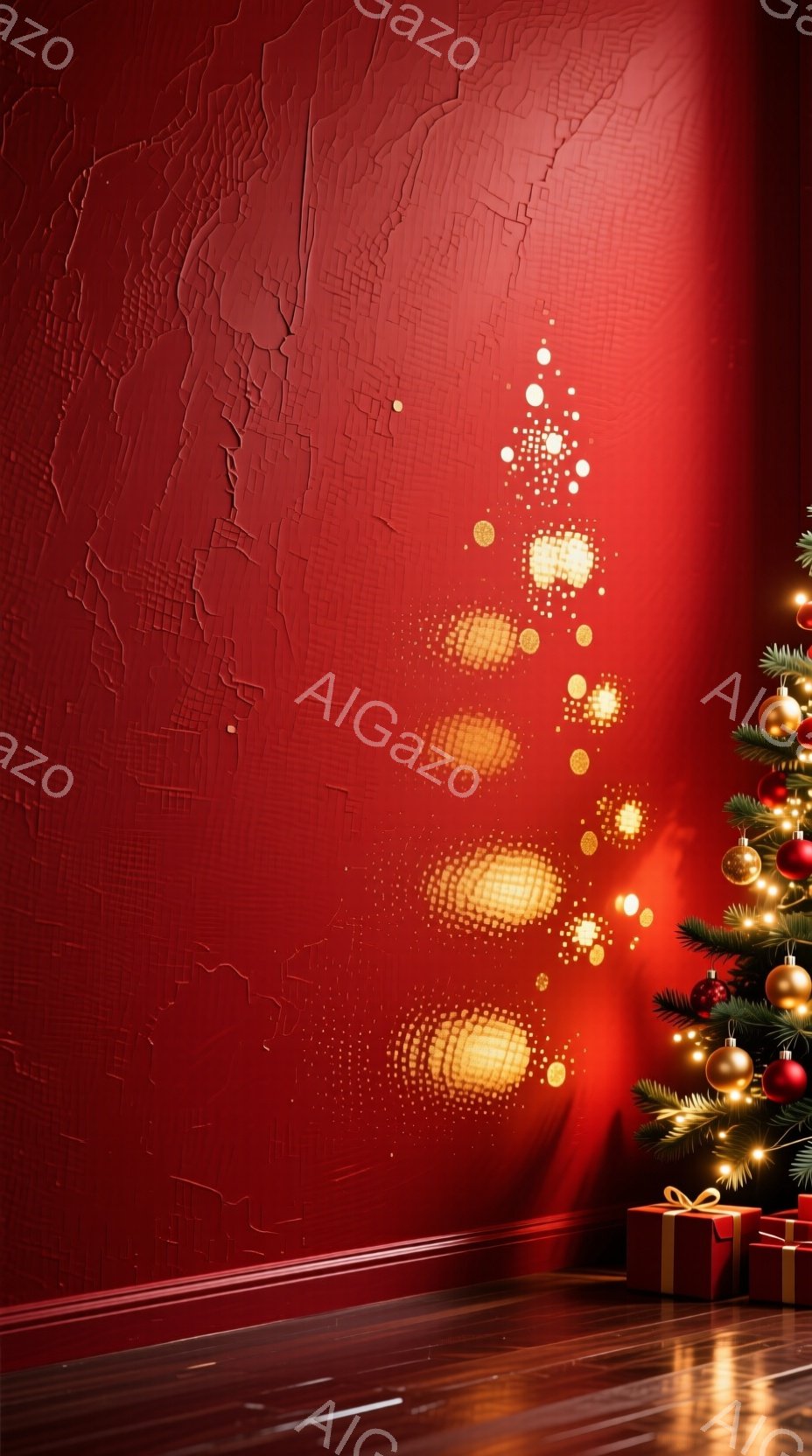 深紅色の壁に、光の粒子がクリスマスツリーの形に散りばめられた室内です。床は木製で、右端には装飾が施されたクリスマスツリーとプレゼントボックスが置かれています。暖かく幻想的な雰囲気で、ホリデーシーズンを思わせる映像です。