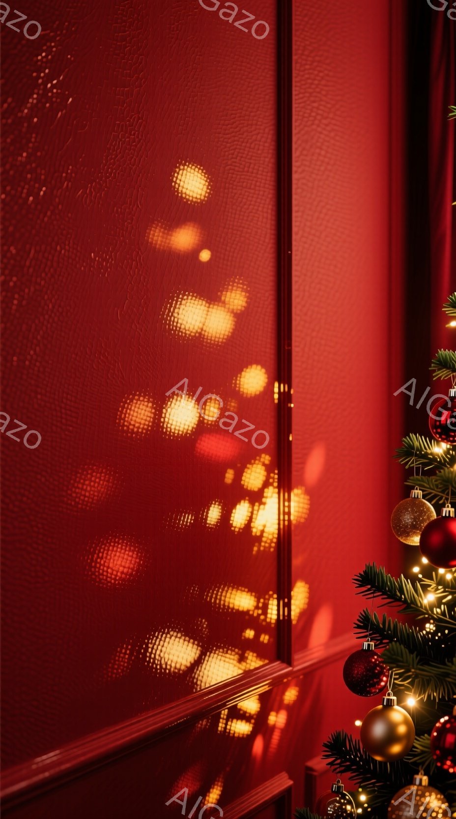 深紅の壁に、クリスマスの飾り付けられたクリスマスツリーの影が投影されています。壁のテクスチャが光の陰影をより強調し、暖かく、お祝いの雰囲気を醸し出しています。ツリーには金色のオーナメントや赤い飾り、そして光が輝いており、季節の喜びを表現しています。