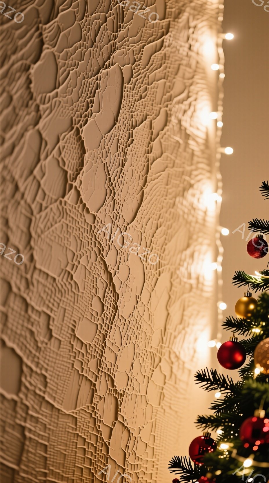 画像は、左側にテクスチャのあるベージュ色の壁と、右側にクリスマスツリーの枝の一部が写っています。ツリーの枝には、赤いオーナメント、金色のオーナメント、そしてきらめく電飾が飾られており、温かく、お祝いの雰囲気を醸し出しています。背景はぼやけており、焦点はテクスチャとオーナメントに当てられています。
