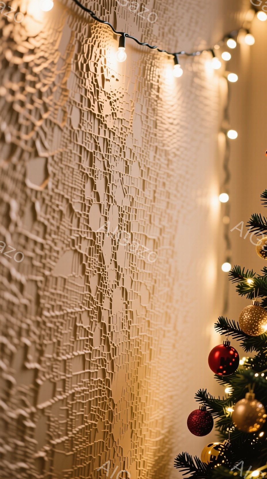 暖色系の壁に、複雑な模様が彫刻のように施されています。右側にはクリスマスツリーの一部が見え、赤いオーナメントや黄金色の飾り、点滅する暖かい光のストリングライトが華やかさを添えています。全体的に温かく、お祝いの雰囲気が漂う、クリスマスの装飾が施された空間です。