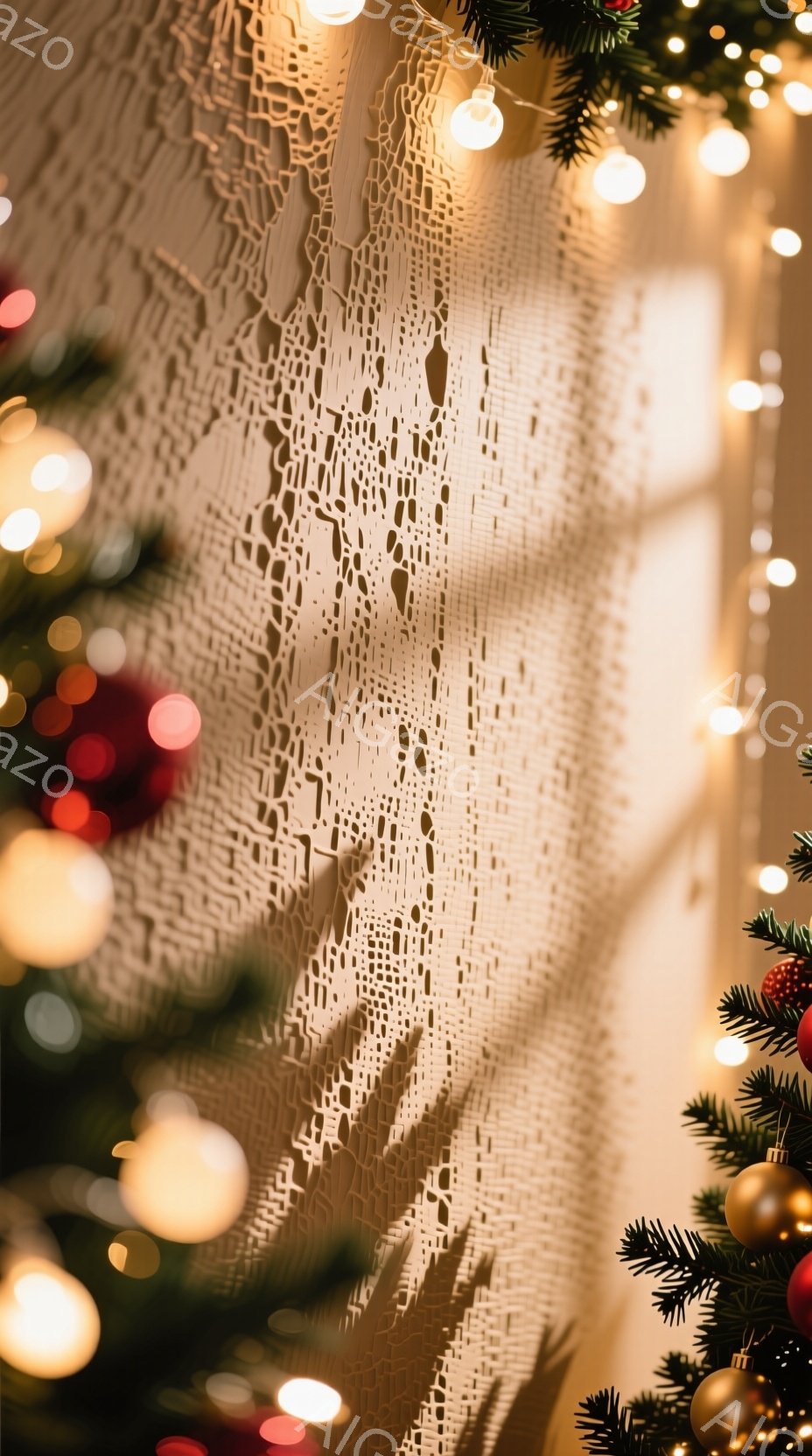 ぼやけた背景に、クリスマスツリーの緑と赤いオーナメント、そして温かい光のストリングライトが散りばめられている。画面の中央には、レースのような模様の影が壁に投影されており、何かのオブジェクトのシルエット - AI生成フリー素材