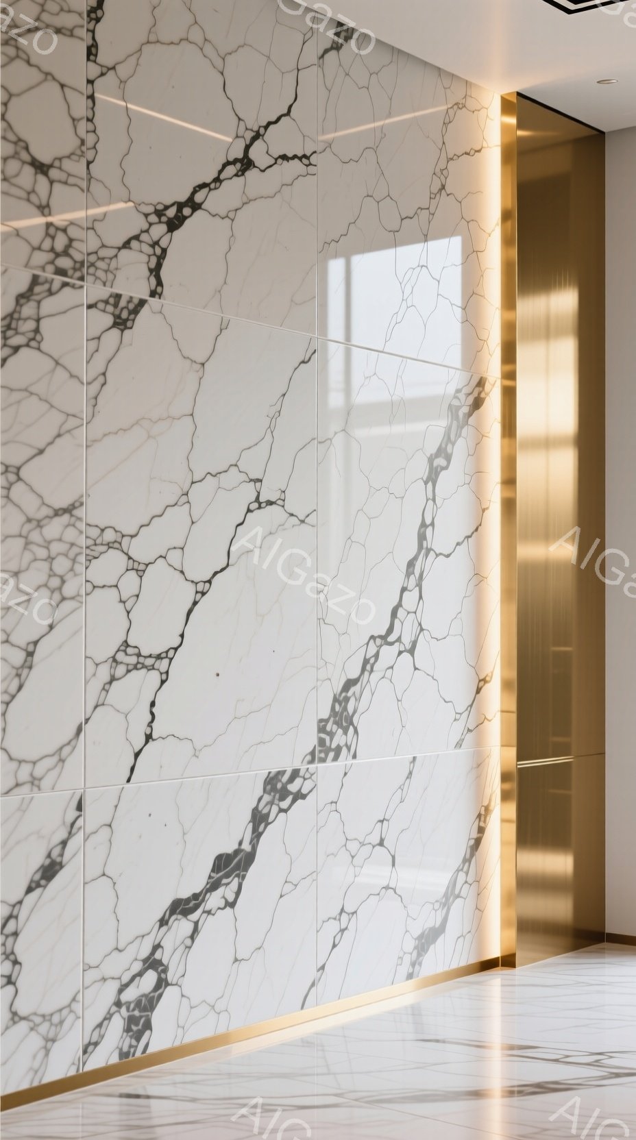白い大理石のような壁が印象的な室内空間です。壁面は繊細なグレーの模様が走り、右側には金色のラインが走る縦長の光が壁の一部を照らしています。床は白とグレーの縞模様で、光沢があり、モダンで洗練された雰囲気を醸し出しています。