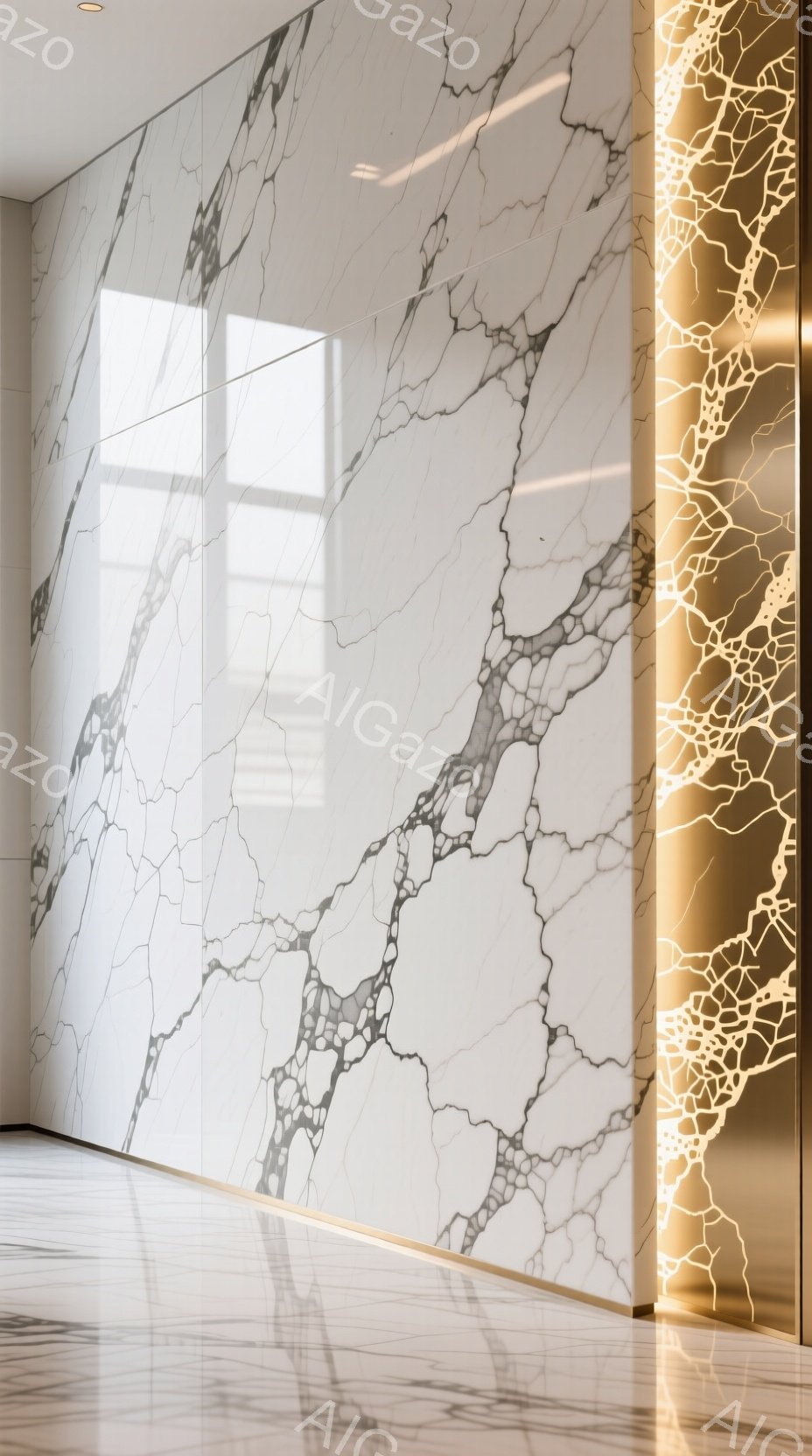白を基調とした大理石の壁が印象的な画像です。壁の片側に金色の光が複雑な模様を描き、モダンで洗練された雰囲気を醸し出しています。床面は光沢があり、壁と光のコントラストが空間に奥行きを与えています。