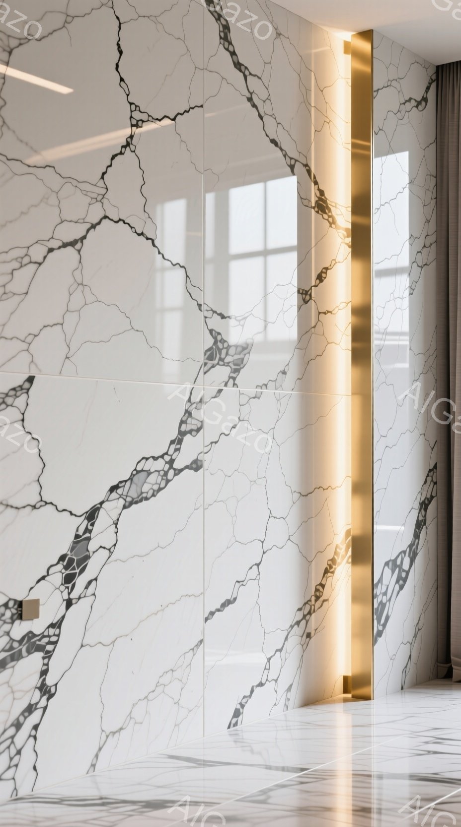 白を基調とした大理石の壁が印象的な室内空間です。壁面には金色の縦長のラインライトが設置され、モダンで高級感のある雰囲気を醸し出しています。床面も大理石で統一されており、光の反射が美しく、洗練された空間を作り出しています。