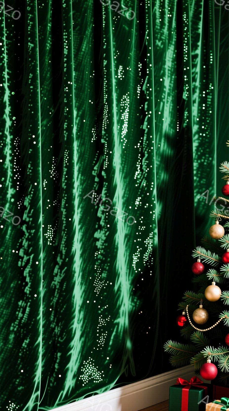 深緑色のベルベットのような生地が滝のように垂れ下がっており、光が当たってキラキラと輝く模様が浮かび上がっています。背景にはクリスマスツリーとプレゼントの箱が見え、ホリデーシーズンを象徴する温かく華やかな雰囲気が漂っています。光と影のコントラストが美しく、クリスマスの夜の幻想的な雰囲気を想起させます。