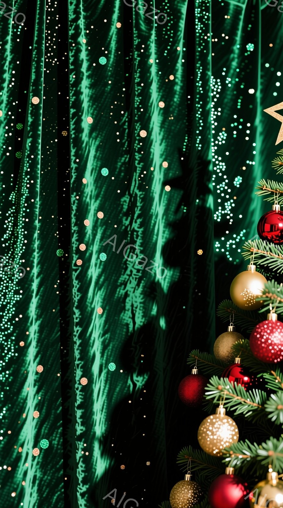 濃い緑色のベルベットのような背景に、金色の水玉模様が散りばめられています。右側にはクリスマスツリーの枝と、赤と金色のオーナメントが飾られています。全体的に、きらびやかで祝祭的な雰囲気を醸し出しています。
