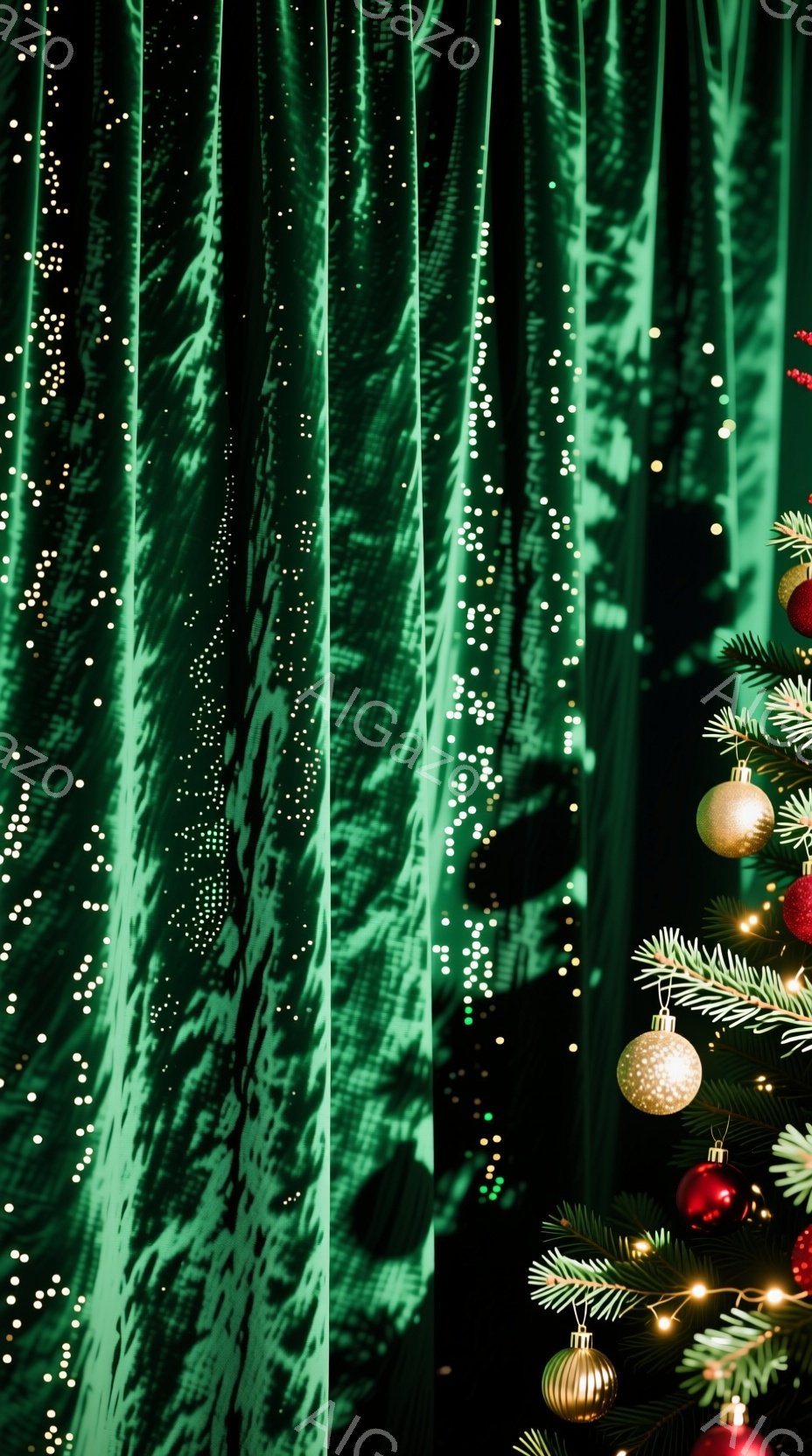 鮮やかな緑色の背景に、クリスマスツリーの片側が写っており、金色のオーナメントや赤い飾りで彩られています。背景にはぼんやりとした人影が見え、光の粒子が舞い散る様子が幻想的な雰囲気を醸し出しています。全体的に、温かく、お祝いムードに満ちたクリスマスの光景を表しています。