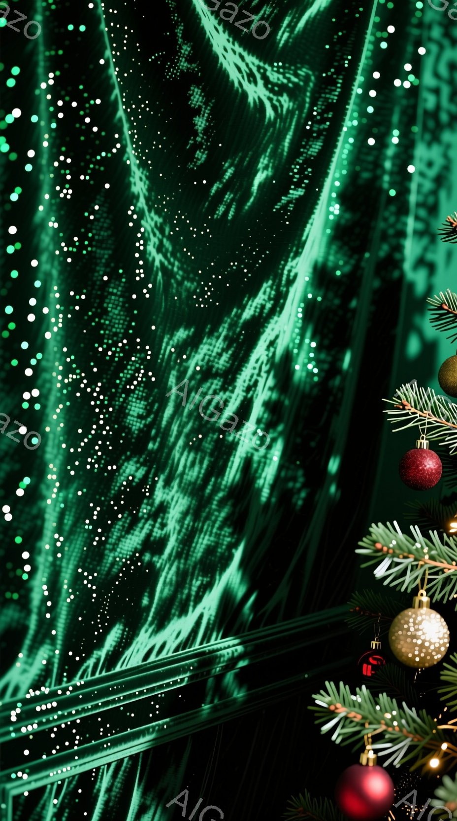 画像の左側には、緑色の光点によって構成された抽象的な模様が流れています。右側には、クリスマスツリーの枝に赤い、金色の、オーナメントが飾られており、お祝いの雰囲気を醸し出しています。暗い背景に光と装飾が対比的に配置され、幻想的で季節感のある印象を与えます。