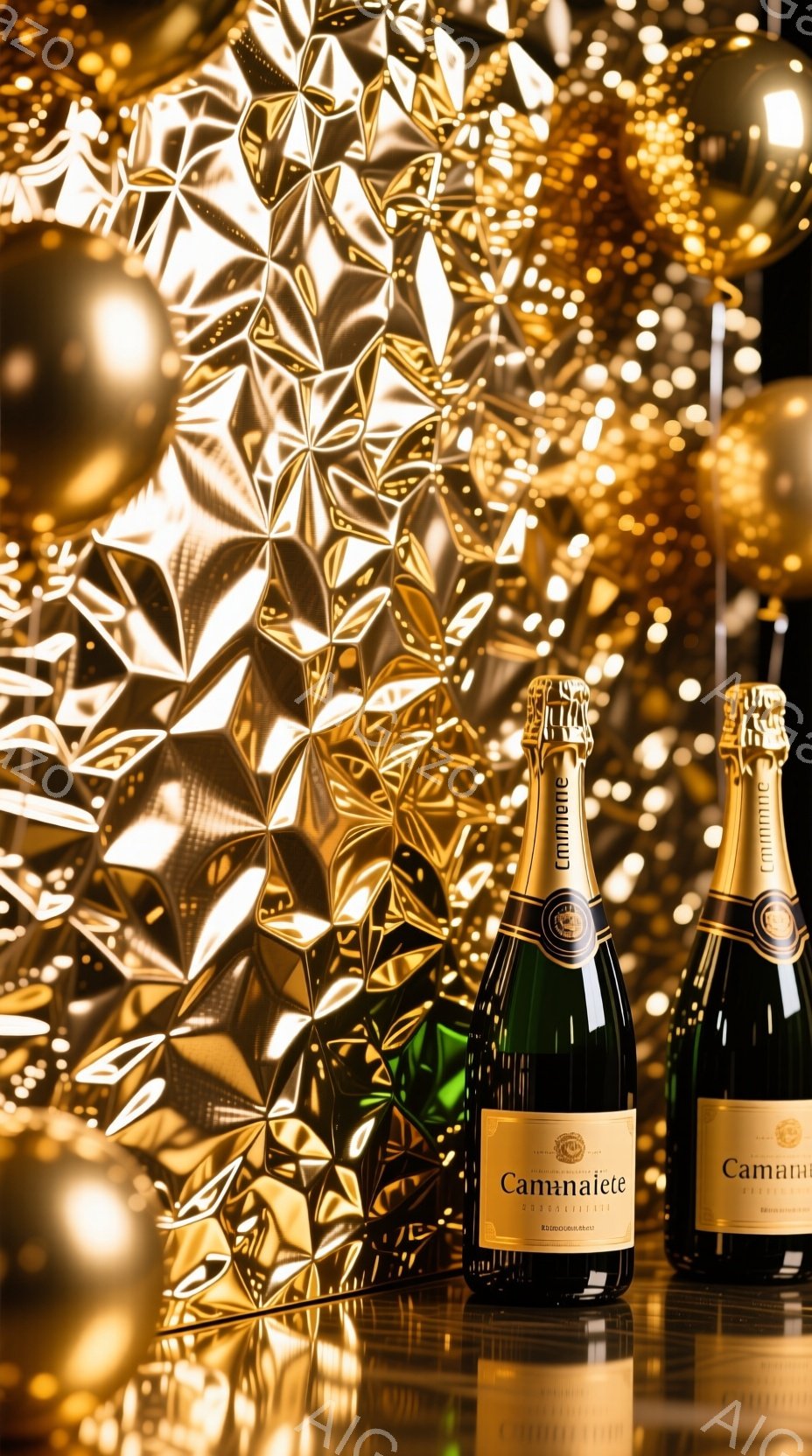 画像には、金色の背景にシャンパンのボトルが3本並んで配置されています。ボトルには「Camané」というブランド名が描かれており、背景はきらめく光の粒子で覆われ、高級感と祝祭的な雰囲気を醸し出しています。反射する床面がさらに光沢感を高め、ボトルを強調しています。