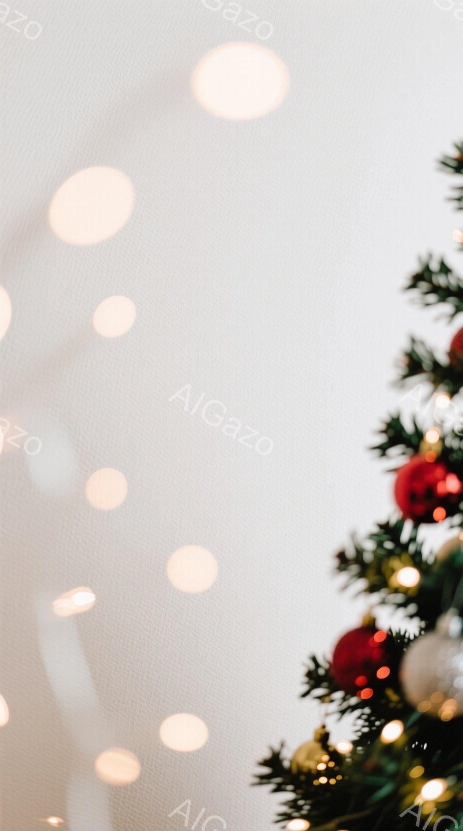 クリスマスツリーの片側が写っており、赤いオーナメントやゴールドの装飾が緑の葉に彩られています。背景はぼやけた白い光のストリングで、クリスマスシーズンの暖かく穏やかな雰囲気を醸し出しています。全体的に、ホリデーシーズンの静けさと喜びを表現した一枚です。