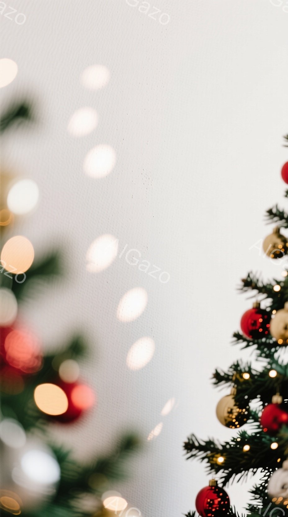 クリスマスツリーの枝に赤いオーナメントやゴールドの飾り、そしてぼやけた光が輝いています。背景は白く、まるで雪のような印象を与え、暖かく幻想的な雰囲気を醸し出しています。全体的にクリスマスの温かさと穏や - AI生成フリー素材