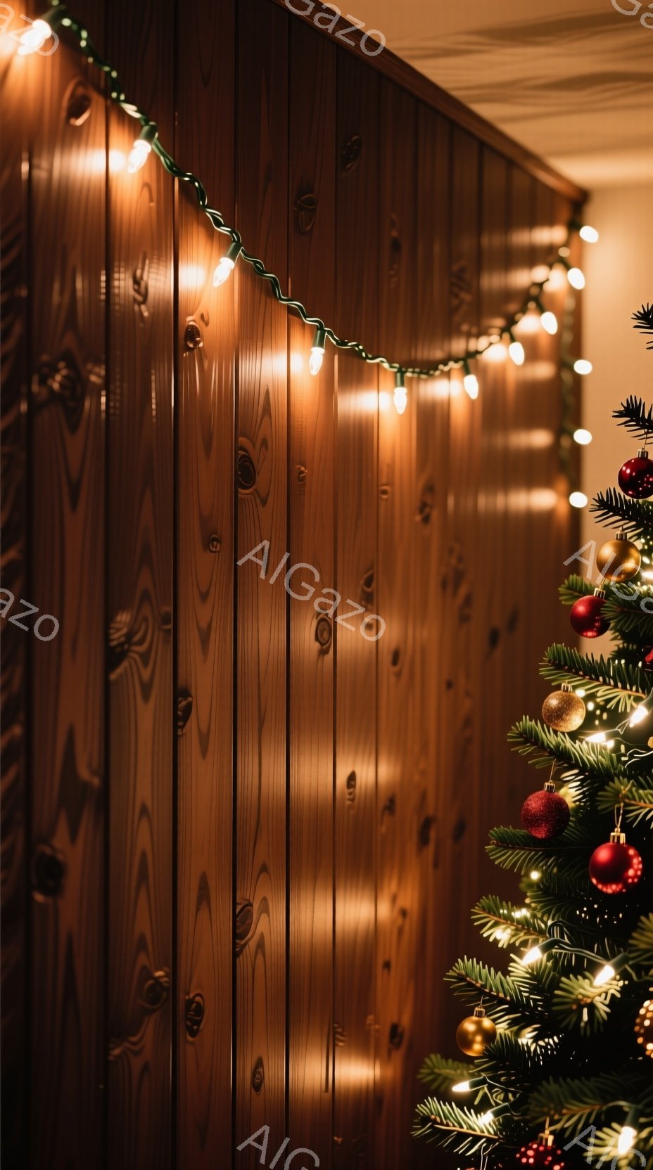 濃い木製の壁に、クリスマスのイルミネーションライトが飾られています。右端には緑色のクリスマスツリーの枝が一部見え、赤いオーナメントや金色の飾りで彩られています。全体的に暖かく、落ち着いた雰囲気で、冬のホリデーシーズンを予感させる一枚です。
