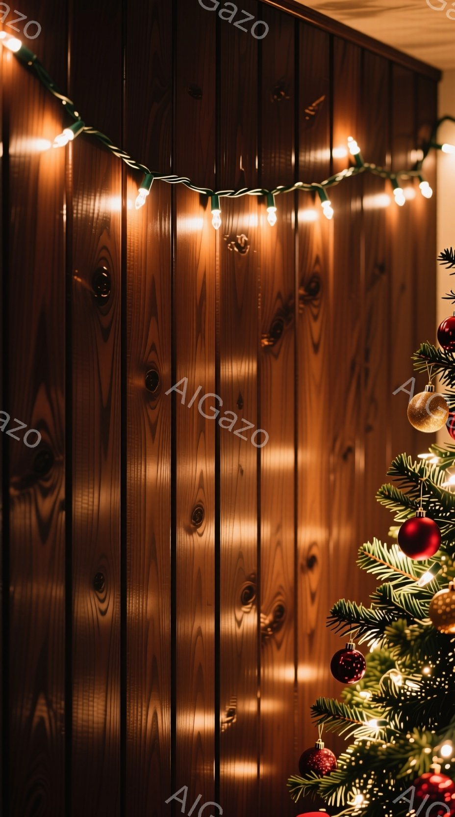 温かい色の木製の壁を背景に、クリスマスツリーの一部が写っています。カラフルなオーナメントが飾られ、点灯したクリスマスライトが壁に美しい影を落としています。全体的に、暖かく居心地の良いクリスマスの雰囲気が漂っています。