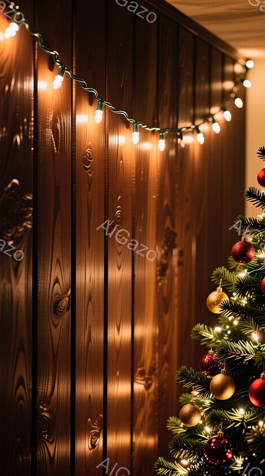 画像は、木製の壁を背景にクリスマスツリーの一部が写っており、温かい光が灯されたイルミネーションが壁に沿って配置されている。ツリーは、赤いオーナメントと金色の飾りで彩られ、緑豊かな葉が特徴的で、全体的に心地よく、お祝いの雰囲気を感じさせる。壁の木目は暖かく、クリスマスの装飾と組み合わさり、落ち着いた、魅力的な雰囲気を作り出している。