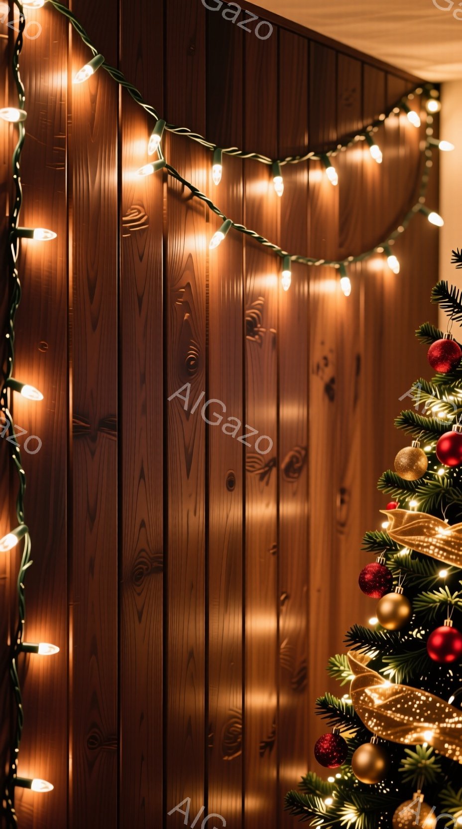 温かい木のパネルの壁に、クリスマスの電飾が飾られています。右側には緑色のクリスマスツリーの枝が一部見え、赤いオーナメントと金色のリボンが華やかさを添えています。全体的に暖かく、落ち着いた雰囲気で、ホリデーシーズンを予感させます。