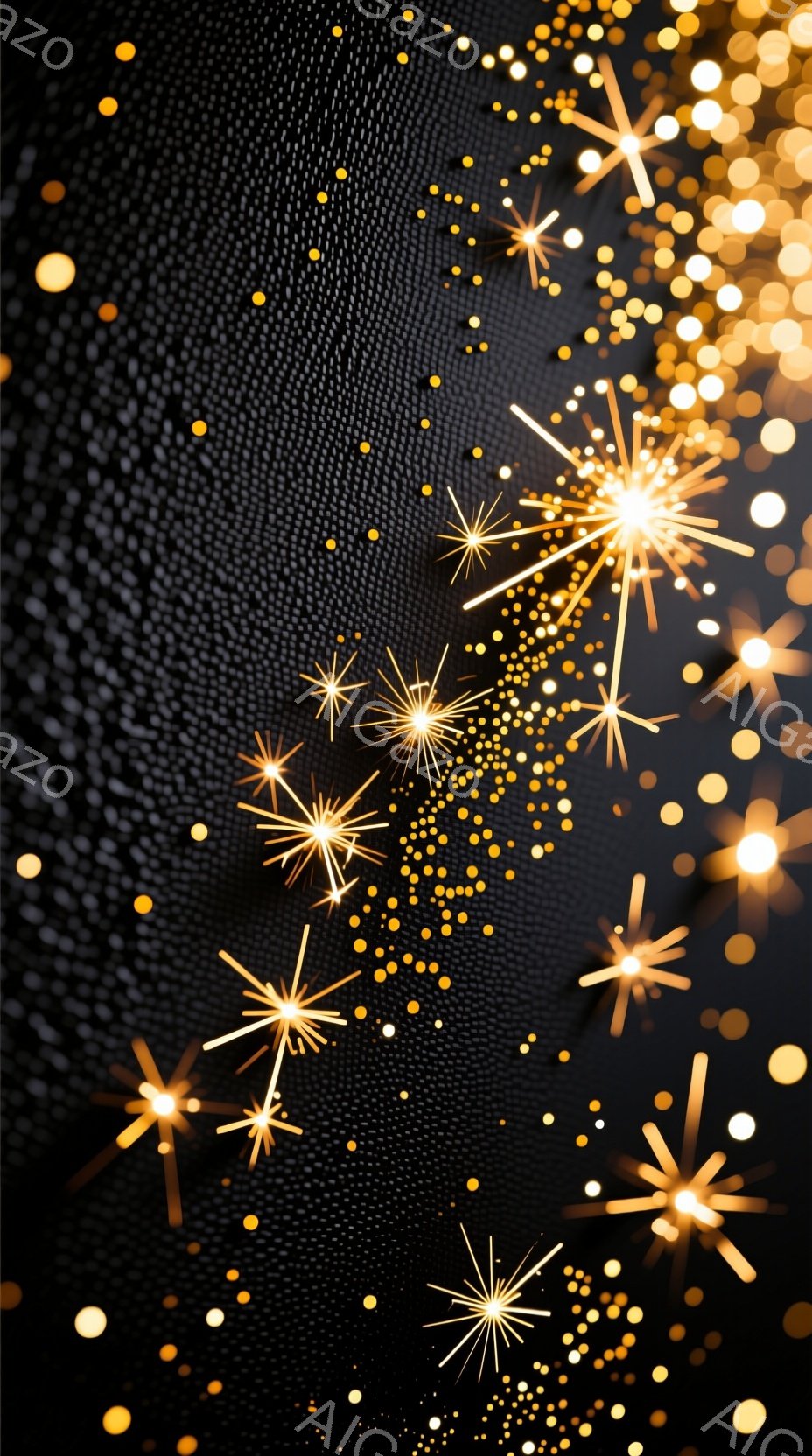 画像は暗い背景に金色の輝く粒子と星のような光の軌跡が散りばめられています。光の軌跡は、まるで花火や星屑のようで、画面全体に幻想的で神秘的な雰囲気を醸し出しています。全体として、暗闇の中で輝く光の美しさを強調した、華やかで夢幻的なイメージです。