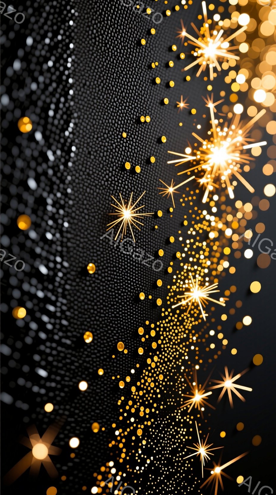 画像は、黒い背景に金色の輝きが散りばめられた抽象的な表現です。金色の光は、星屑のように細かく、また、より大きな閃光として表現され、動きとエネルギーを感じさせます。全体的に、華やかで幻想的な雰囲気であり、お祝いや特別な瞬間を想起させます。