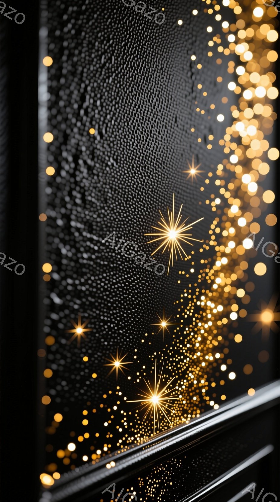 暗い背景に、金色の輝きが舞い散る様子が描かれています。背景は、ざらついた黒い質感で、まるで夜空や深海のような印象を与えます。金色の光は、星屑や花火のように散りばめられており、幻想的で神秘的な雰囲気を醸 - AI生成フリー素材