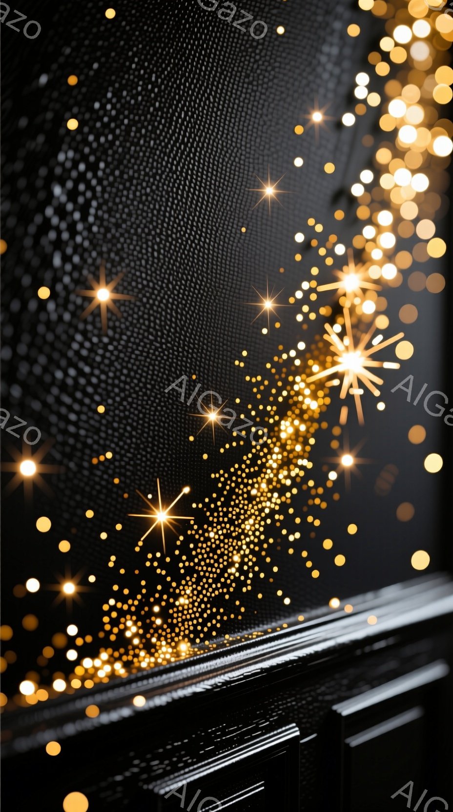 漆黒の背景に、無数の金色の光の粒子が舞い散る様子が捉えられています。画面下部には、光沢のある黒い素材が重なり合い、抽象的な奥行きを生み出しています。光の粒子は右上に集まり、まるで星空や花火のような幻想的な雰囲気を醸し出しています。
