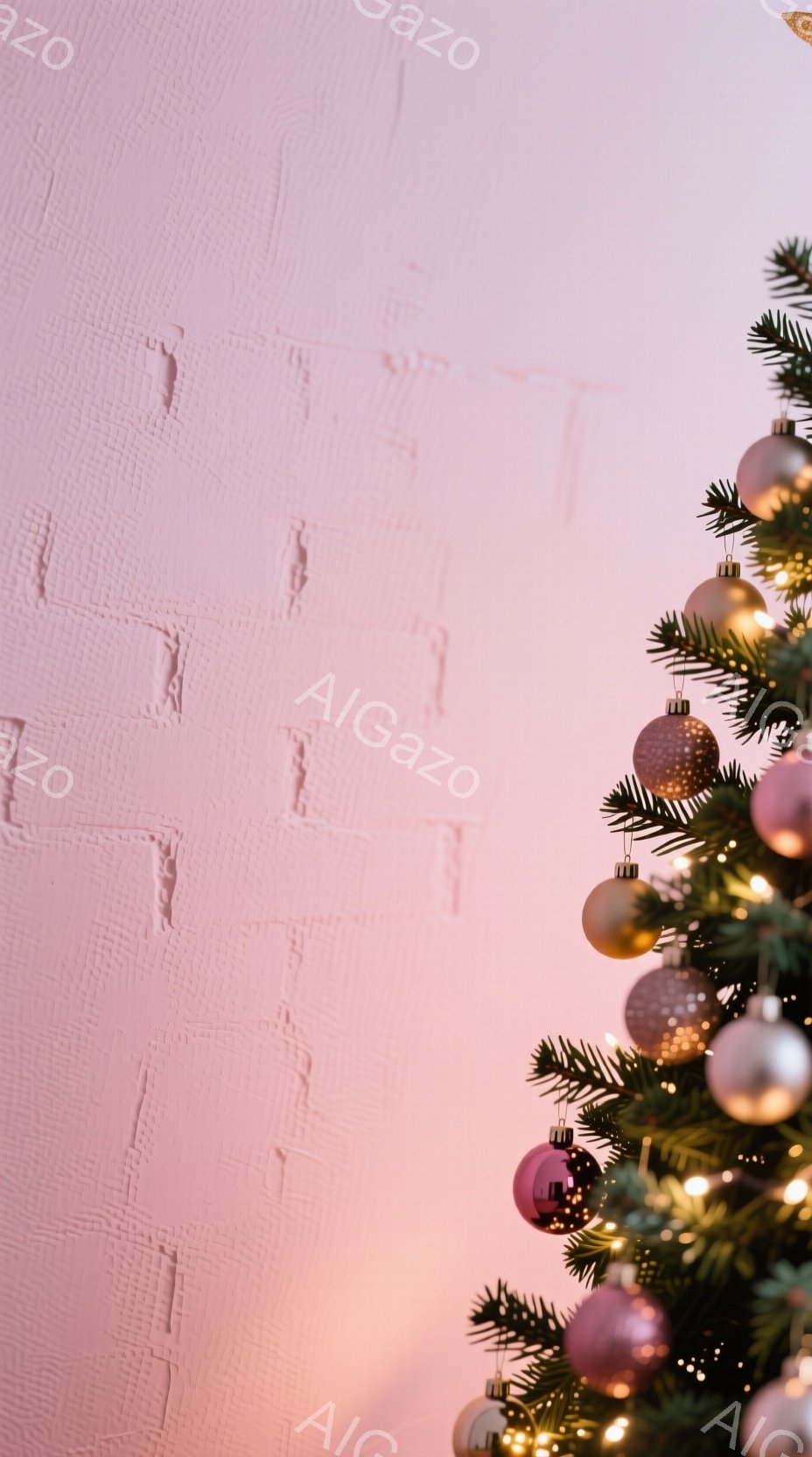 画面の右側には、緑のクリスマスツリーが飾られており、金とピンクのオーナメントが輝いています。ツリーには小さな電飾が巻き付けられ、温かい光を放っています。背景は淡いピンク色の壁で、ツリーとのコントラストが美しく、優雅で華やかな雰囲気を醸し出しています。
