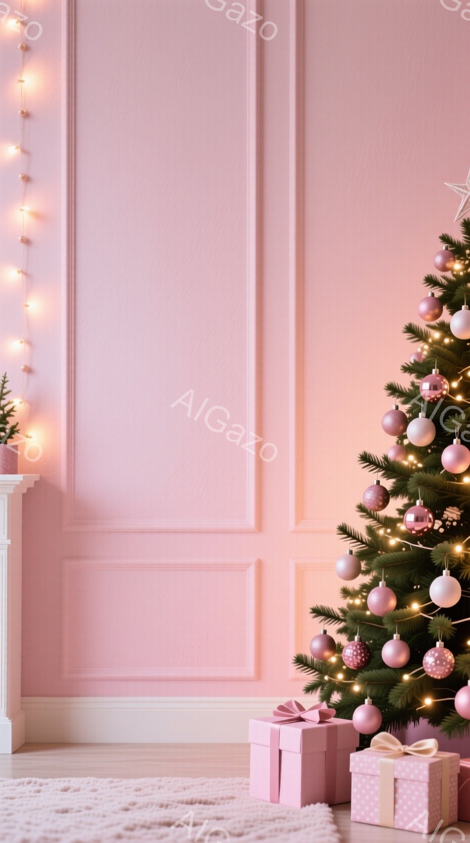 ピンク色の壁を背景に、クリスマスツリーとプレゼントボックスが配置されています。ツリーは飾り付けられ、温かい光が灯っており、下にはふわふわの白いラグが敷かれています。全体的に、柔らかく、温かく、華やかなクリスマスの雰囲気を醸し出しています。