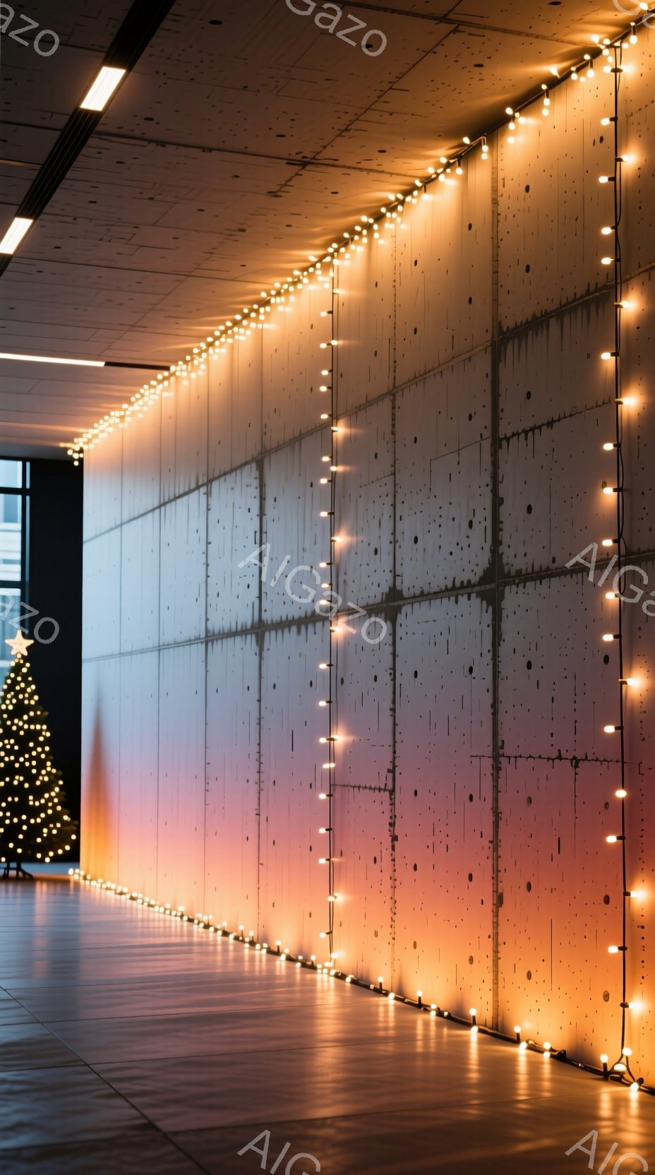 広々とした廊下の壁一面に、温かみのあるオレンジ色の電球が並べられています。床は濃い木目調で、左奥にはクリスマスツリーがわずかに見え、季節感を感じさせます。全体的に、落ち着いた暖色系の照明が、モダンで都会的な雰囲気を醸し出しています。