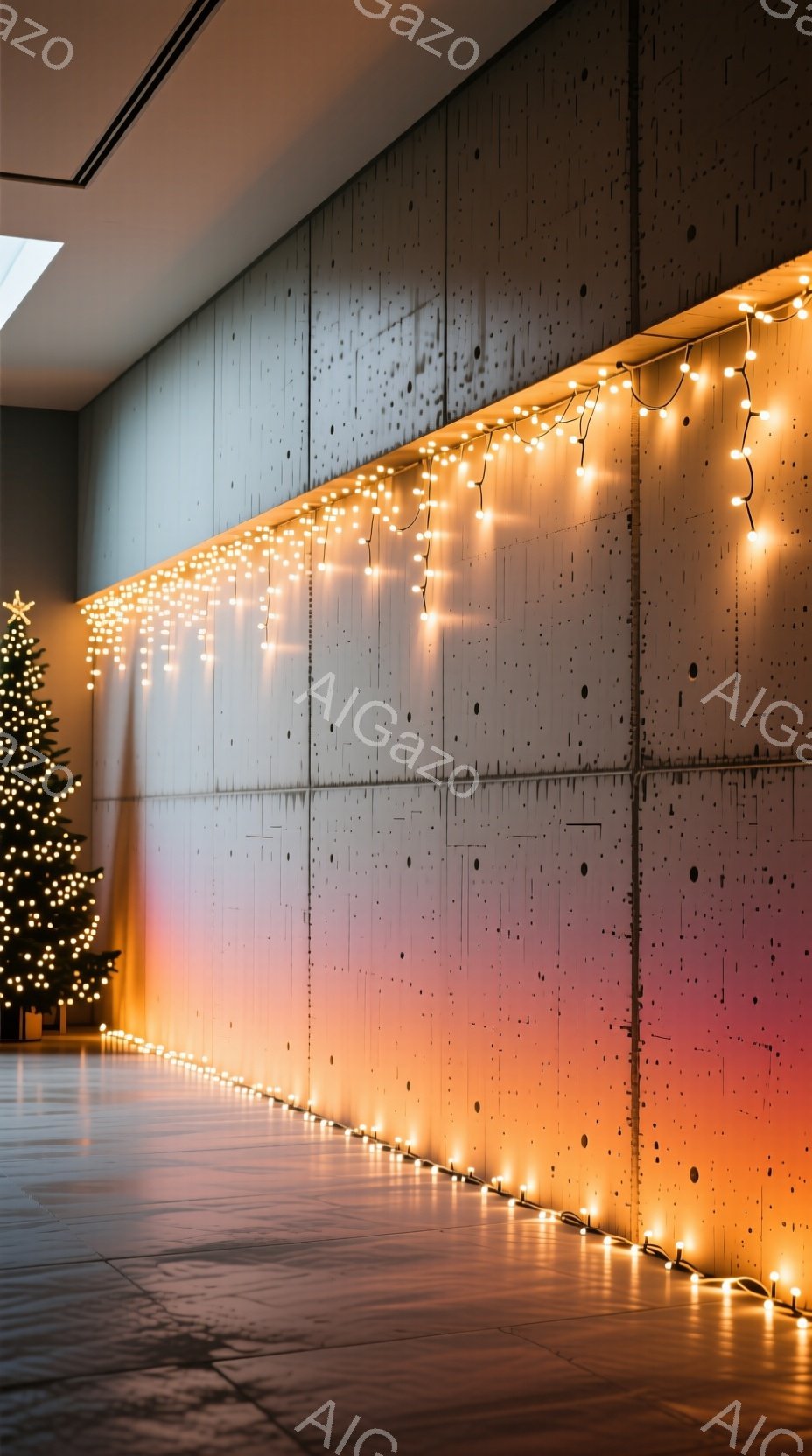 灰色のコンクリート壁に、暖色の電飾が水平に一列に並べられており、壁にグラデーションのような光のラインを作り出している。床は磨かれた木製で、光が反射して滑らかでモダンな雰囲気を醸し出している。背景はシンプルで、ミニマルな空間に温かみと奥行きを加える、洗練された装飾が印象的である。