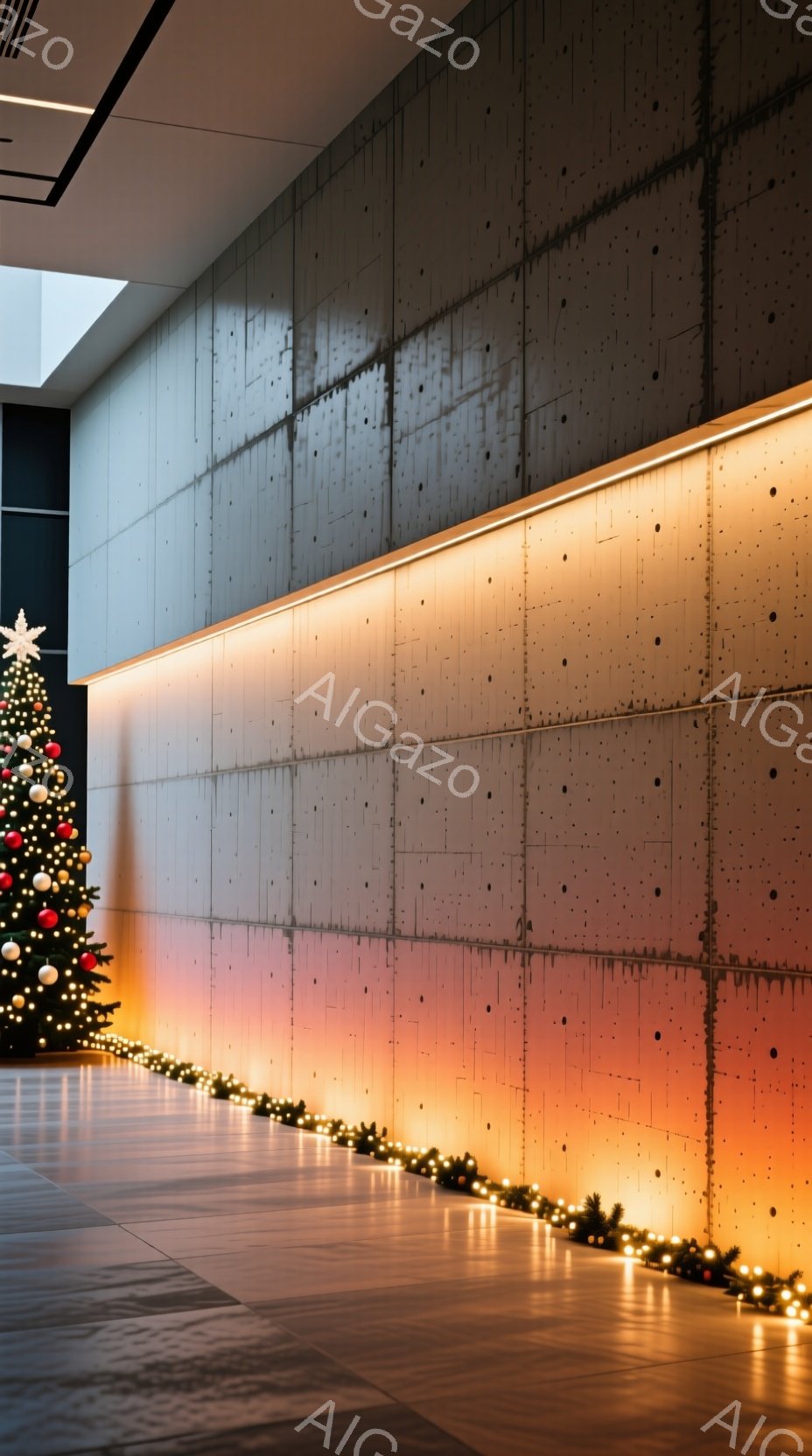 暖色系のライトで照らされた、現代的な廊下の様子が写っている。壁は幾何学的なパネルで構成され、床は磨かれた石材で、奥にはクリスマスツリーがわずかに見える。全体的に落ち着いた雰囲気で、洗練された空間が印象的だ。