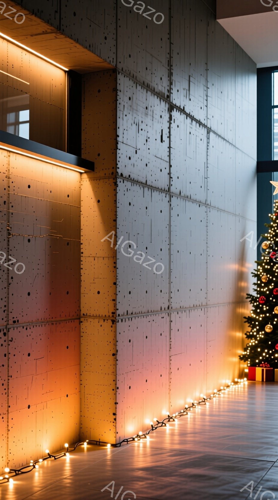 画像は、金属製のパネルが並んだ壁と、床に沿って並べられた温かい光のイルミネーションが印象的です。背景には、プレゼントボックスが置かれたクリスマスツリーがぼんやりと見え、暖かくお祝いの雰囲気を醸し出しています。全体的に、現代的で洗練された空間に、ホリデーシーズンの温かさが加わった、静かで落ち着いた雰囲気です。