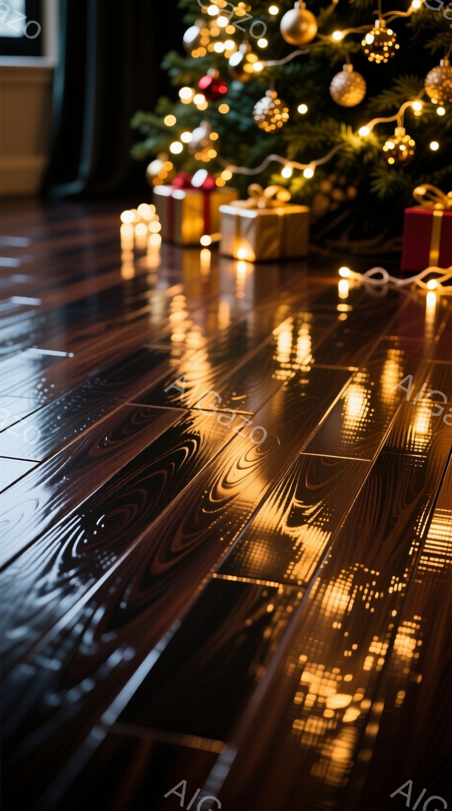 暖炉の光が床に反射し、クリスマスツリーの飾りとプレゼントがぼんやりと映り込んでいる様子が捉えられている。床は磨かれた木製で、光の反射が美しい曲線を描いている。全体的に暖かく、穏やかなクリスマスの雰囲気が漂っている。