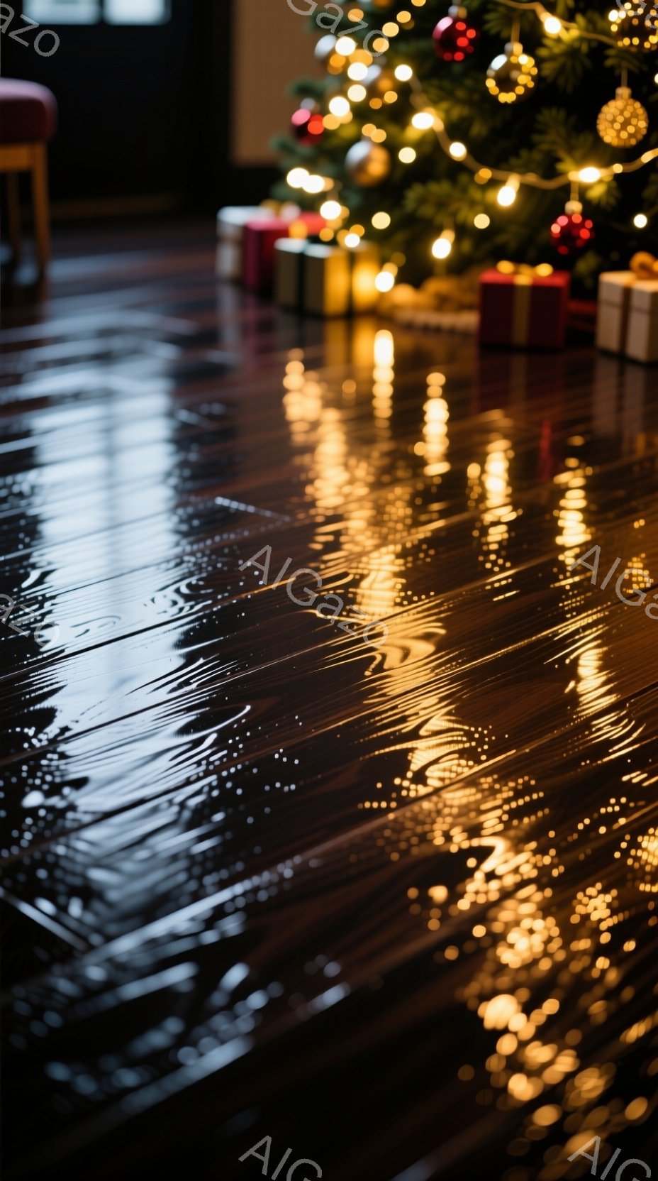 濃い木製の床に、クリスマスのイルミネーションの光が反射し、きらきらと輝いている様子が捉えられている。奥にはクリスマスツリーが見え、プレゼントボックスがいくつか置かれている。暖かく、お祝いムードにあふれた、クリスマスの夜の静けさが感じられる。