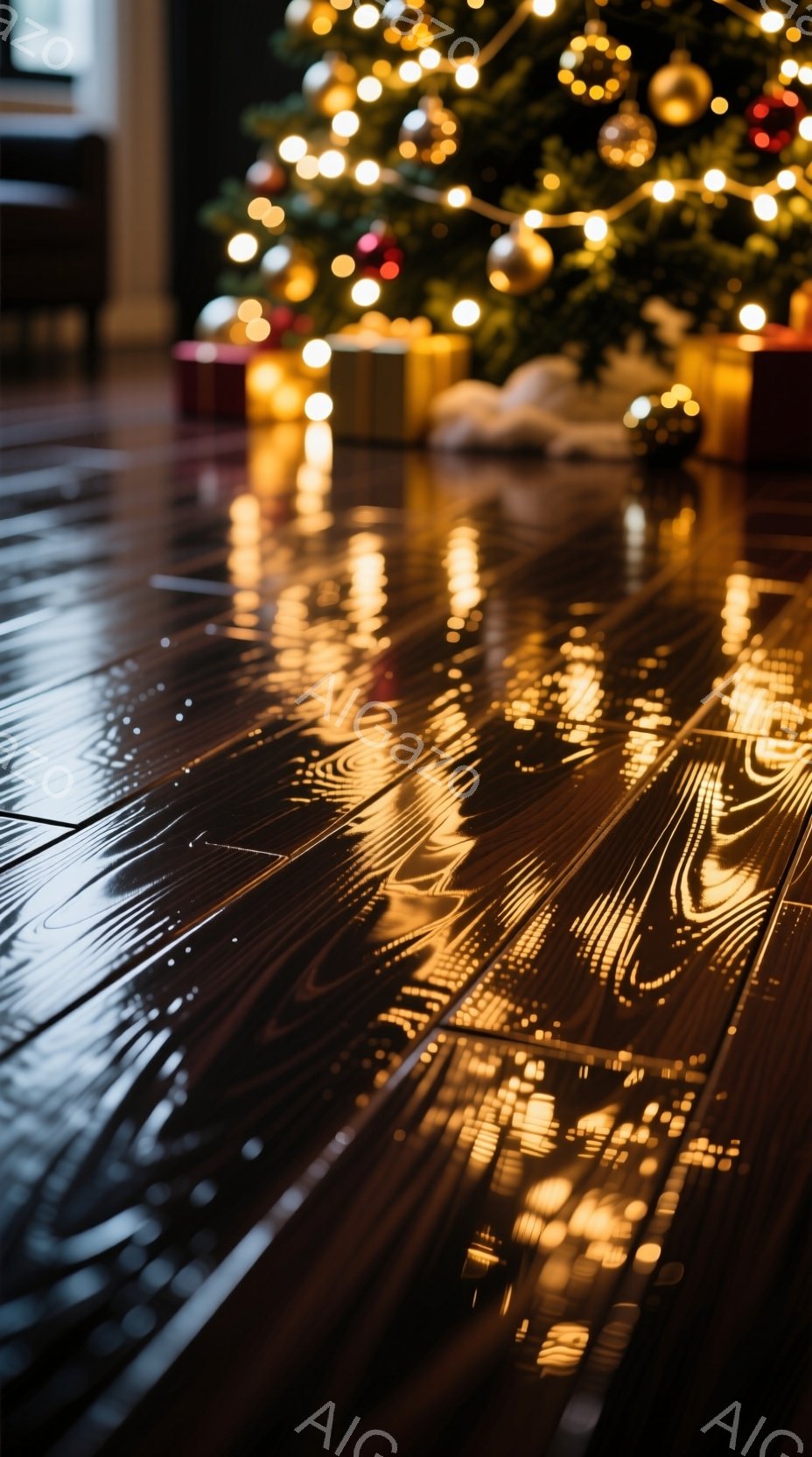 磨かれた木の床に、クリスマスツリーの光が反射してキラキラと輝いている様子が捉えられている。ツリーはぼやけているが、暖かく柔らかな光が空間全体を包み込み、お祝いムードを醸し出している。背景にはギフトボッ - AI生成フリー素材