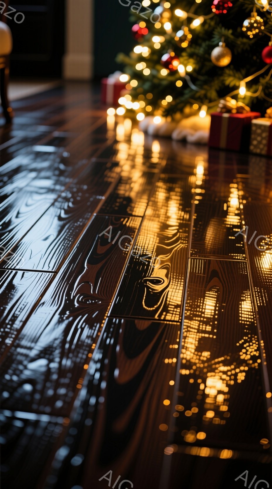 光沢のある木の床に、クリスマスツリーのぼんやりとした光が反射し、暖かい雰囲気を醸し出しています。ツリーはぼやけていますが、プレゼント箱や装飾がいくつか見え、クリスマスシーズンであることを示唆しています。全体的に、暖かく、穏やかで、お祝いのムードが感じられます。