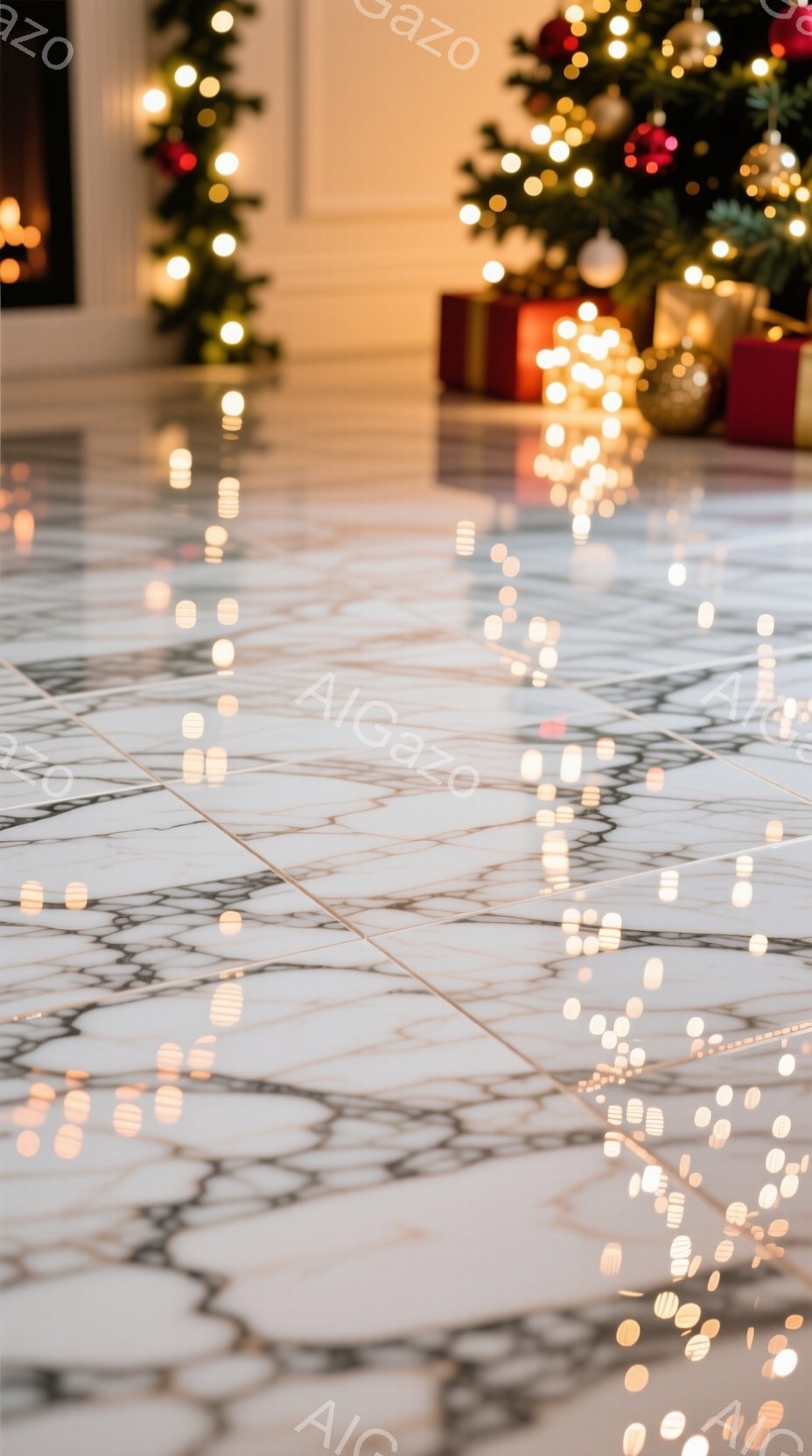 白い大理石の床に、ぼやけた暖かい色の光が点在しており、まるで星屑のようです。背景にはクリスマスツリーとプレゼントの箱が見え、華やかで温かい祝祭の雰囲気が漂っています。光のぼかしと大理石の模様が、夢幻的でロマンチックな印象を与えます。