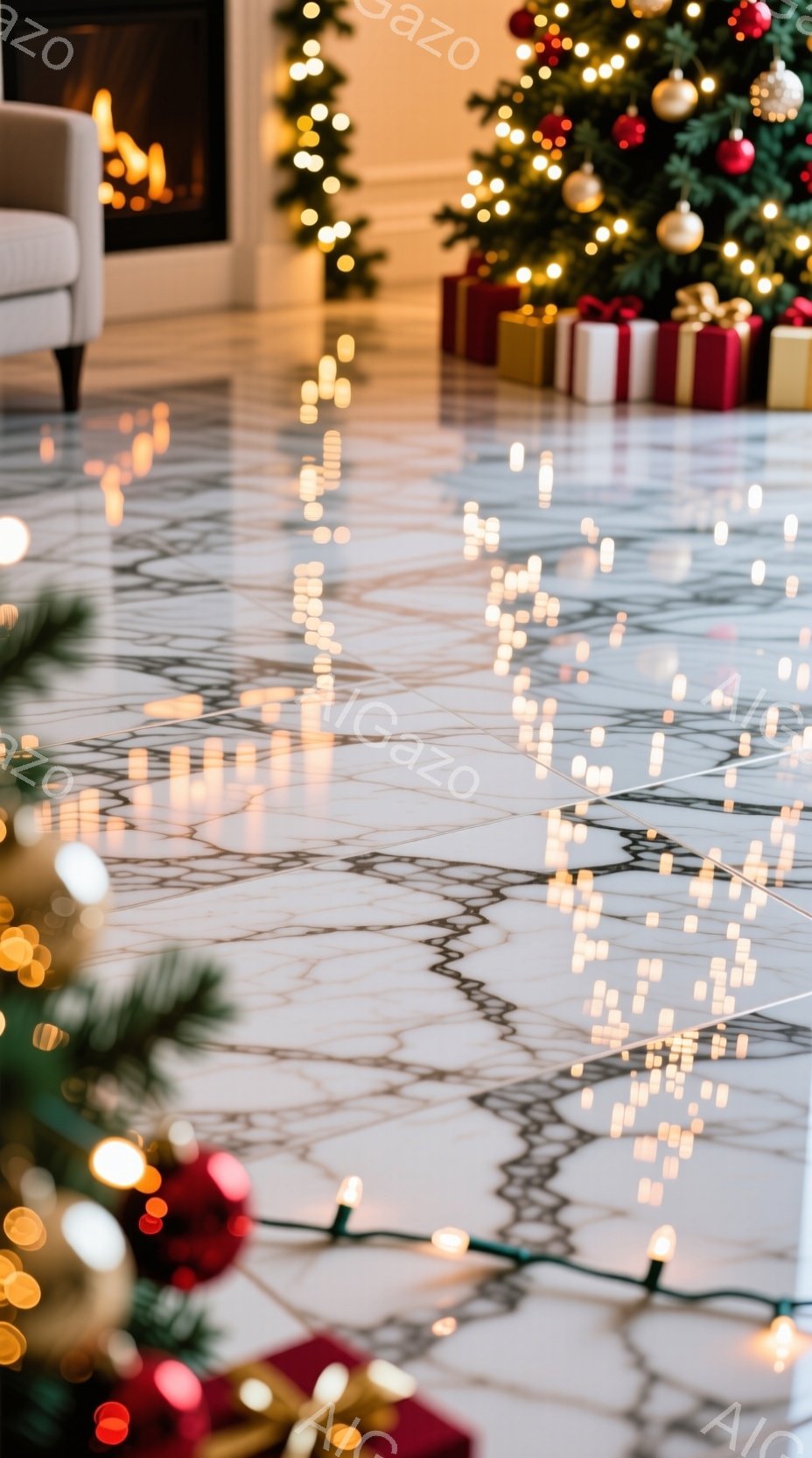 クリスマスツリーの足元にプレゼントが置かれ、床にはクリスマスツリーのイルミネーションが散らばっている様子が写っている。暖炉と装飾が背景に見え、部屋全体が温かく、お祝いの雰囲気に包まれている。光のぼやけ - AI生成フリー素材