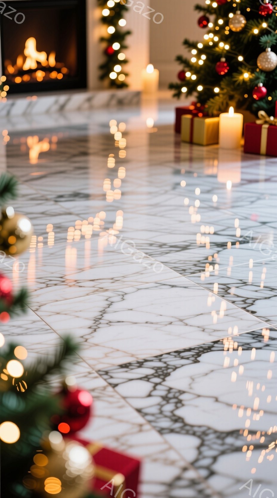 大理石の床にクリスマスの飾り付けが散りばめられた暖かい光景です。クリスマスツリーの赤いオーナメントやプレゼントボックスが、暖炉の光と混ざり合い、お祝いの雰囲気を醸し出しています。ぼやけた背景と光の反射が、夢のような、幻想的な空間を作り出しています。
