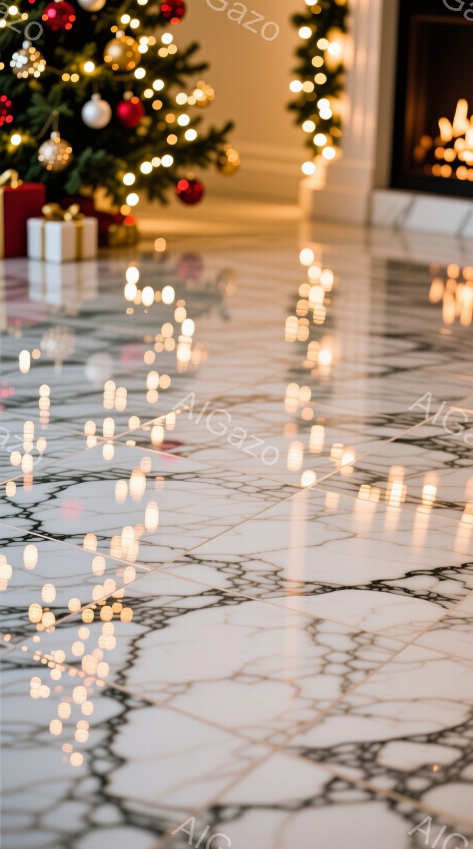 白大理石の床に、ぼやけたクリスマスツリーの光が散りばめられている。ツリーは緑豊かで、カラフルなオーナメントと電飾で飾られ、プレゼントの箱がいくつか置かれている。背景はぼやけており、華やかで温かいクリスマスの雰囲気が漂っている。