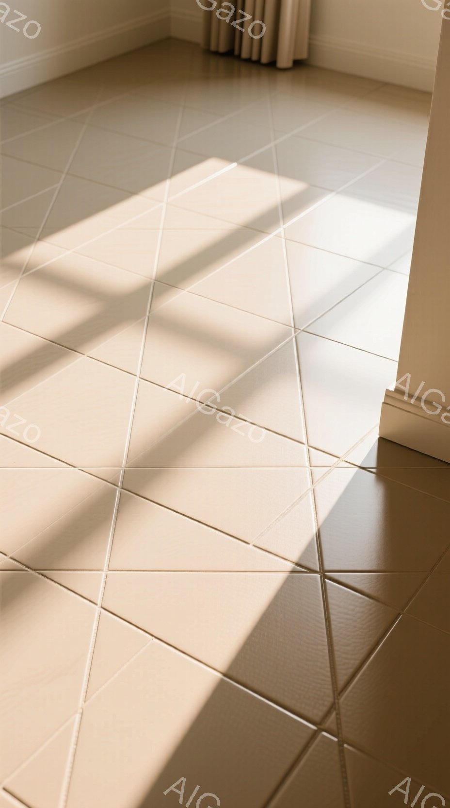 暖色系のタイル張りの床が、強い光の条によって幾何学的な模様を描いている。壁際には白い巾木があり、奥にはベージュ色のカーテンが見える。全体的に穏やかで静謐な雰囲気が漂い、光と影のコントラストが空間に奥行きを与えている。